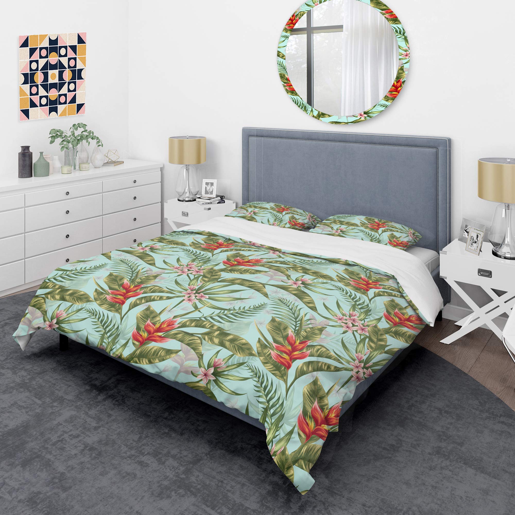 Mid-Century Modern Duvet Cover Set King - Tropical Foliage II Green 3-Piece Bedding Set | All Season Luxury Cotton Duvet Cover for Master Bedroom & Guest Room Decor