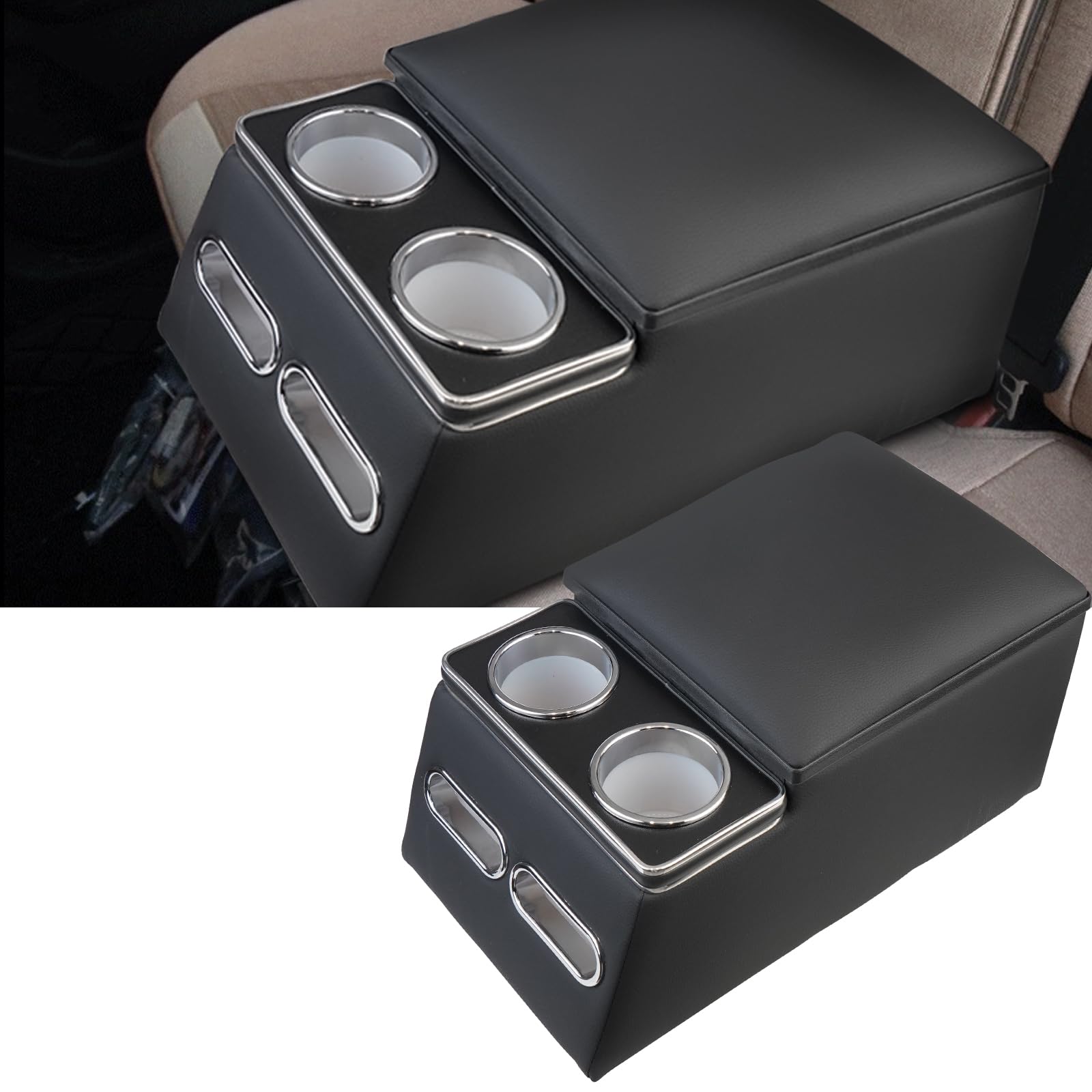 Car Center Console Organizer with Cup Holders & Phone Holder - Universal Storage Box for Sedan, SUV, Truck & Van - Black - Perfect for Road Trips & Daily Commuting