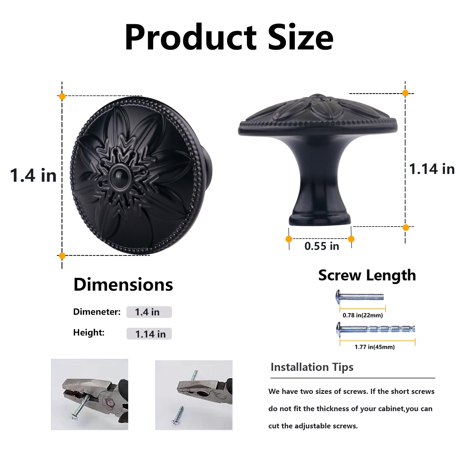 12 Pack Matte Black Cabinet Knobs - 1-2/5