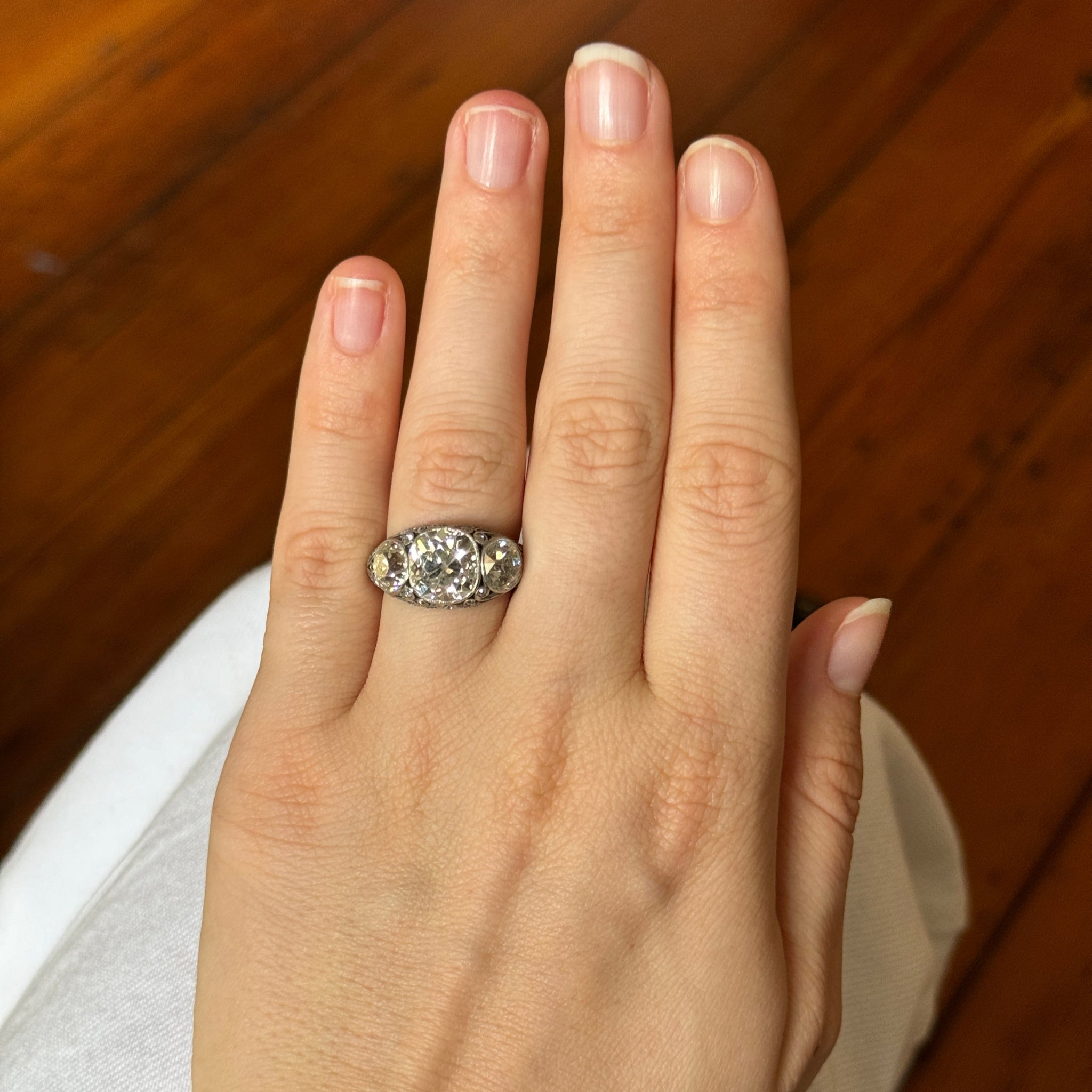 Edwardian Diamond Three Stone Platinum 18K Gold Dome Ring - Vintage Engagement Wedding Jewelry for Brides & Anniversary Gifts