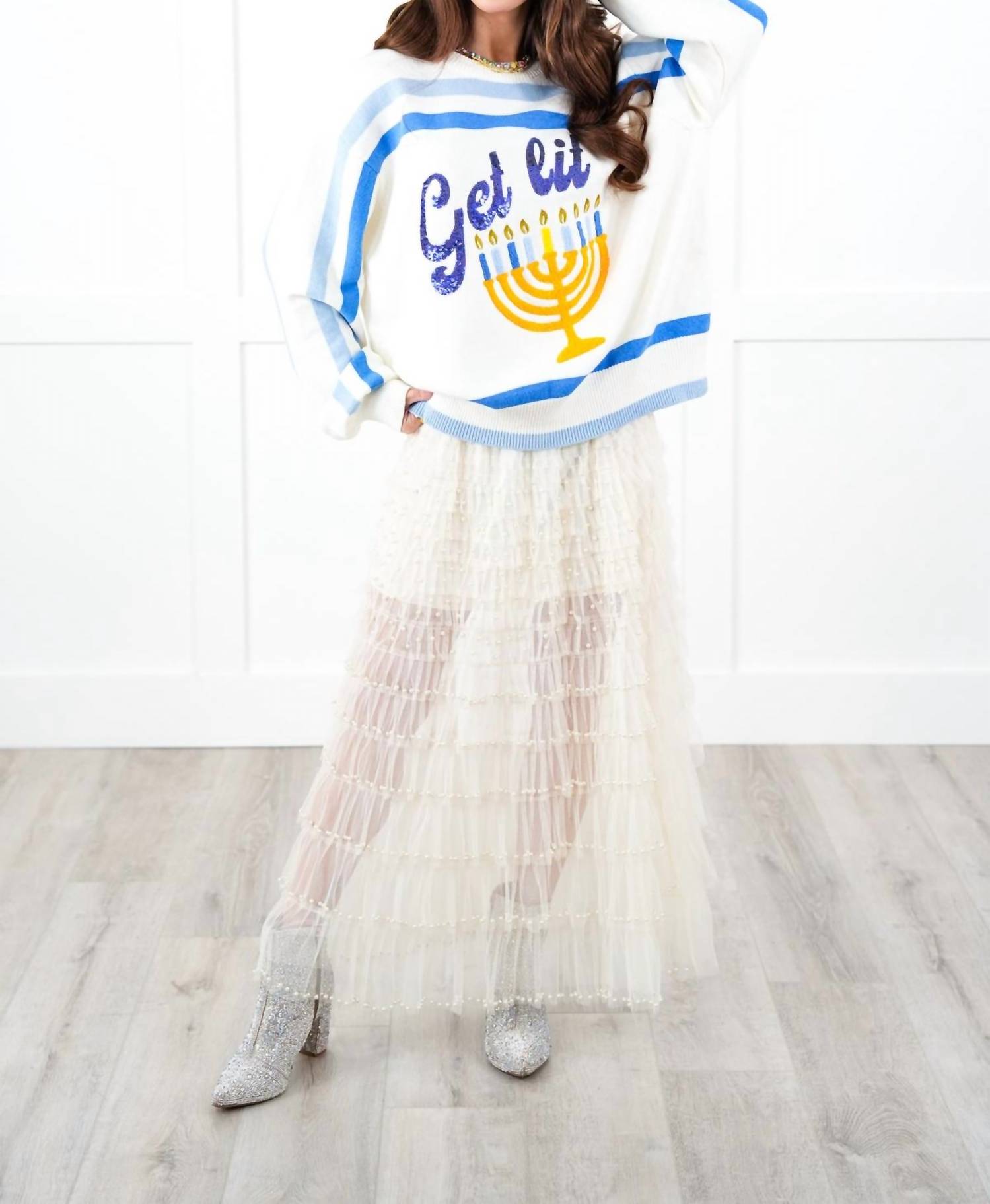 Get Lit Menorah Stripe Sweater in White - Hanukkah Holiday Sweater for Men & Women - Perfect for Jewish Celebrations and Winter Festivities
