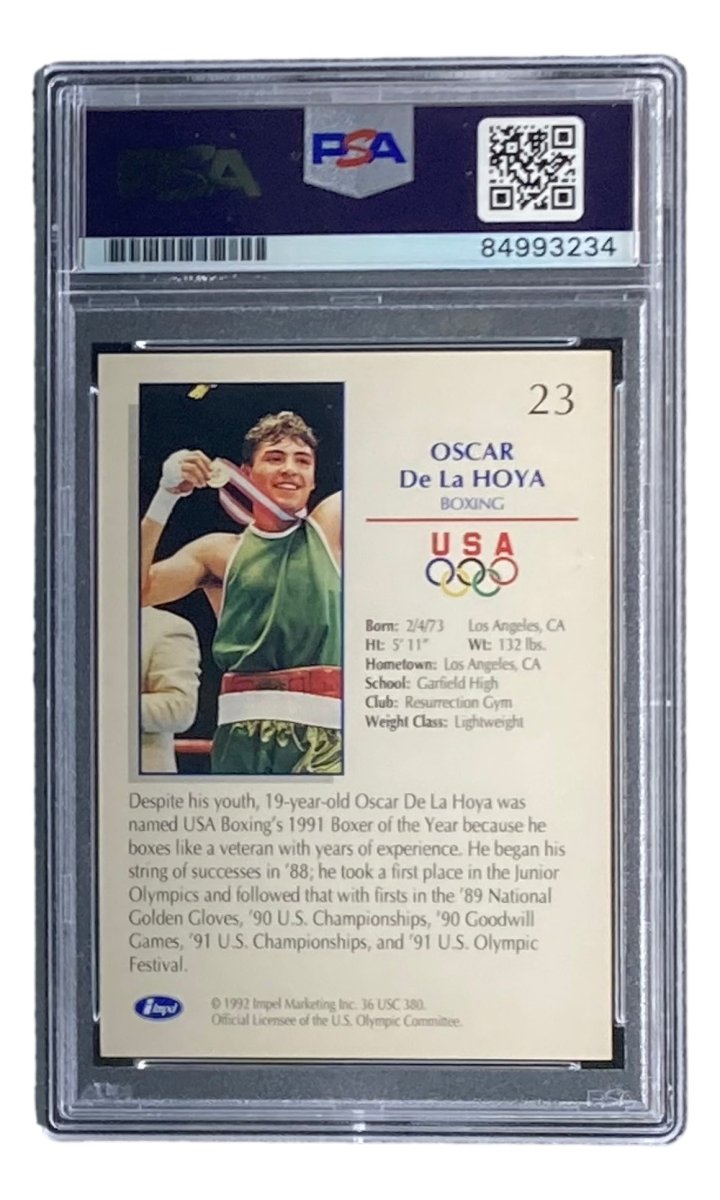 Oscar De La Hoya Signed 1992 Impel Olympicards #23 Rookie Card PSA/DNA Certified - Rare Boxing Memorabilia for Collectors & Sports Fans - Perfect for Display in Man Cave, Sports Room or Gift for Boxing Enthusiasts