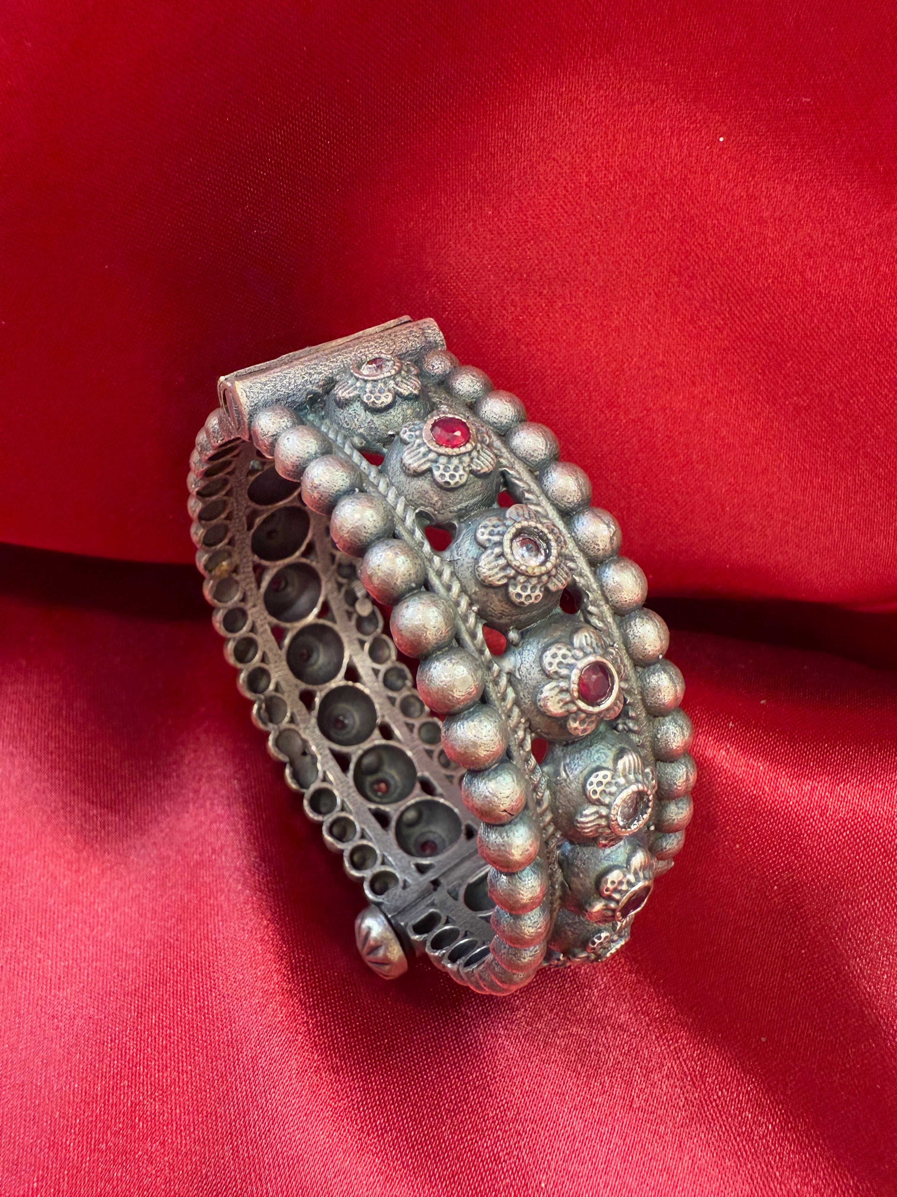 Handmade Tribal Oxidized Silver Ethnic Open Bridal Kada Cuff Bracelet with Maroon & White Stones - Perfect for Weddings, Boho Fashion & Festival Jewelry