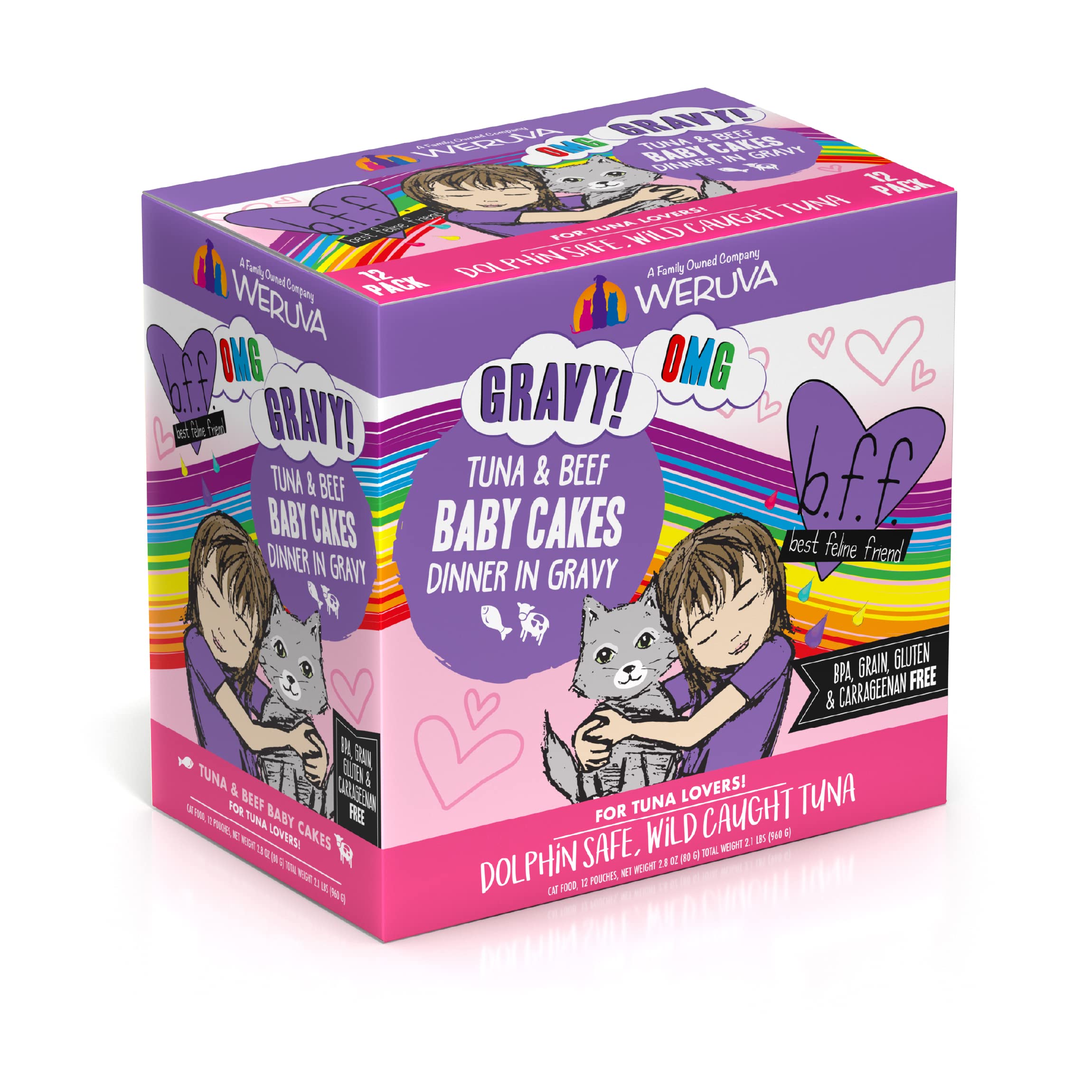 Weruva B.F.OMG Best Feline Friend Oh My Gravy! Tuna & Beef Baby Cakes in Gravy - Grain-Free Wet Cat Food, 3oz Pouch (Pack of 12) - High Protein, Natural Ingredients for Adult & Senior Cats - Perfect for Picky Eaters & Mealtime Enrichment
