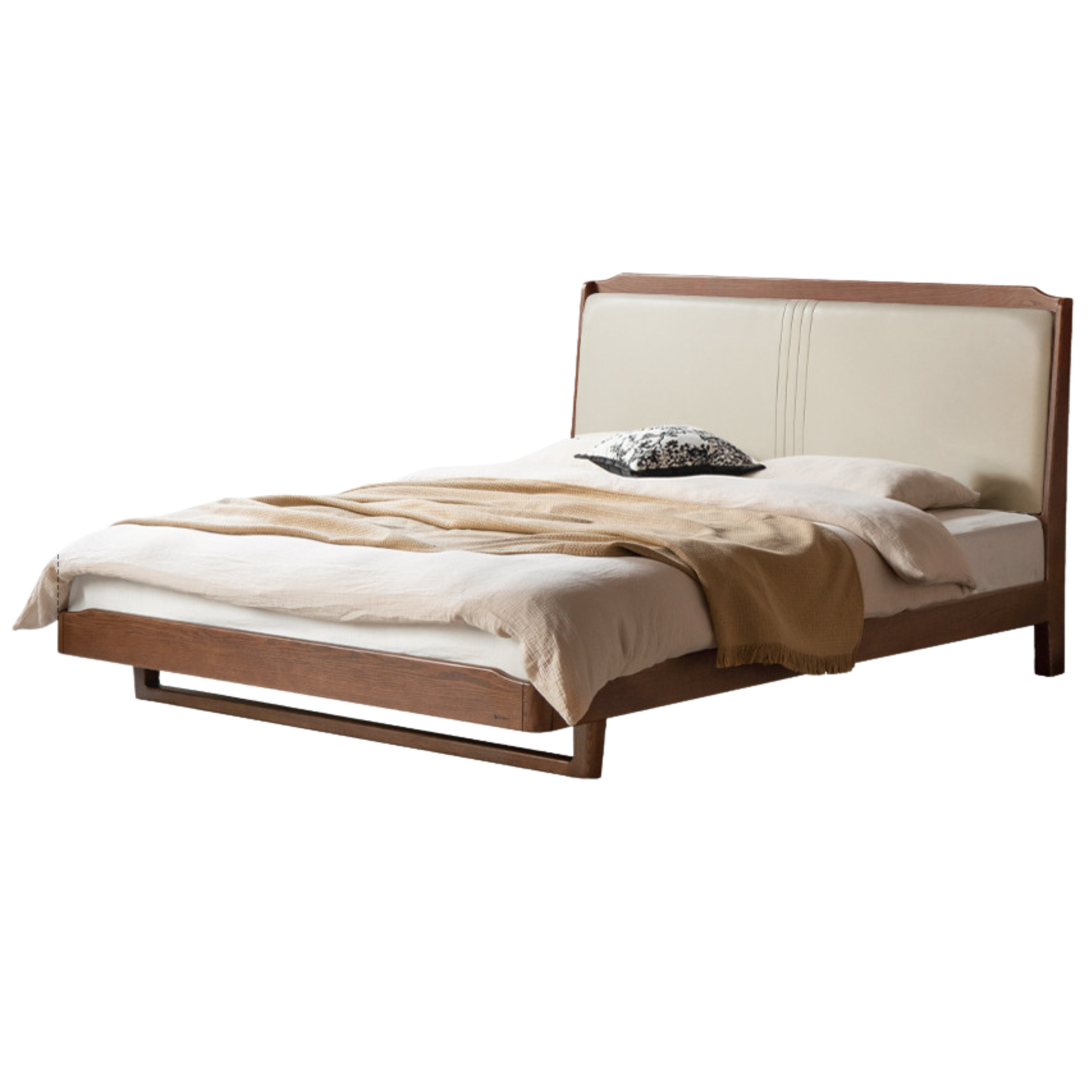 Solid Oak Wood Leather Upholstered Soft Bed - Queen Size Bed Frame with Tufted Headboard for Bedroom, Guest Room & Master Suite