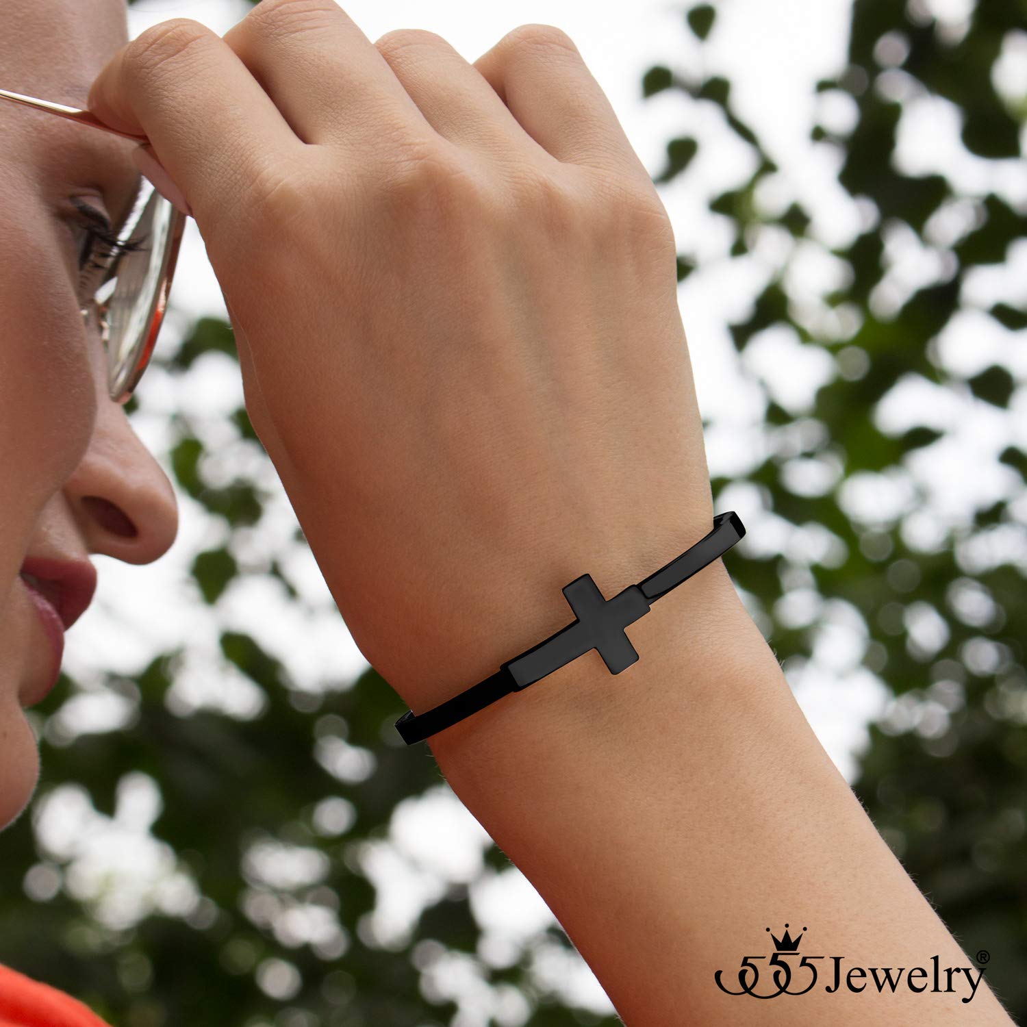 555Jewelry Stainless Steel Sideways Cross Cuff Bangle Bracelet for Women - Hypoallergenic Hinge Lock Design for Sensitive Skin | Perfect for Everyday Wear, Church, Gifts & Special Occasions