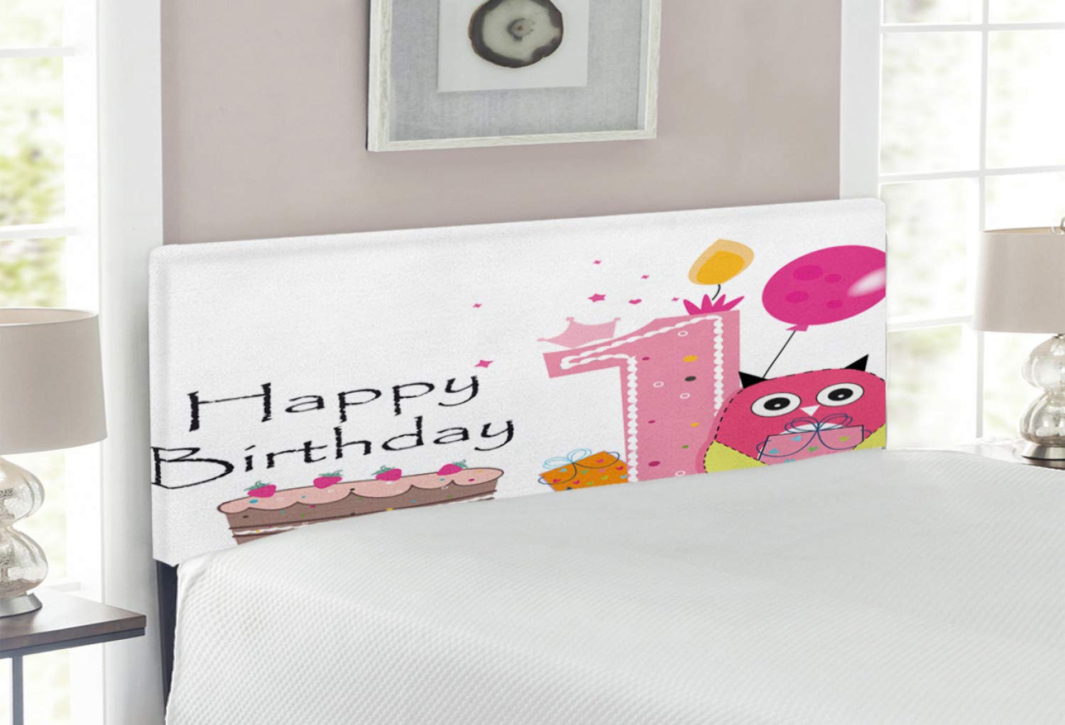 Ambesonne 1st Birthday Headboard - Full Size Upholstered Decorative Metal Bed Frame with Memory Foam | Cartoon Owl Design in Brown, Hot Pink & Pink | Perfect for Kids' Room Decor & Birthday Surprise Gifts