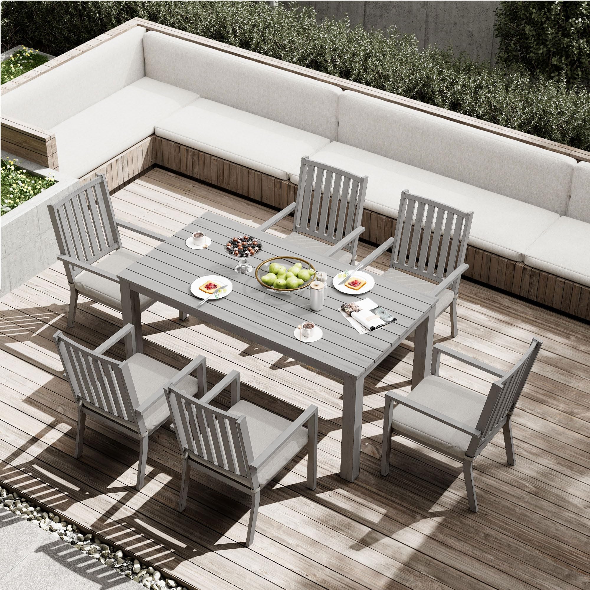 RoyalCraft 7-Piece Aluminum Outdoor Dining Set with Removable Cushions - Patio Table & 6 Chairs for Garden, Backyard, Lawn - Perfect for BBQs, Family Gatherings & Outdoor Entertaining (Gray)