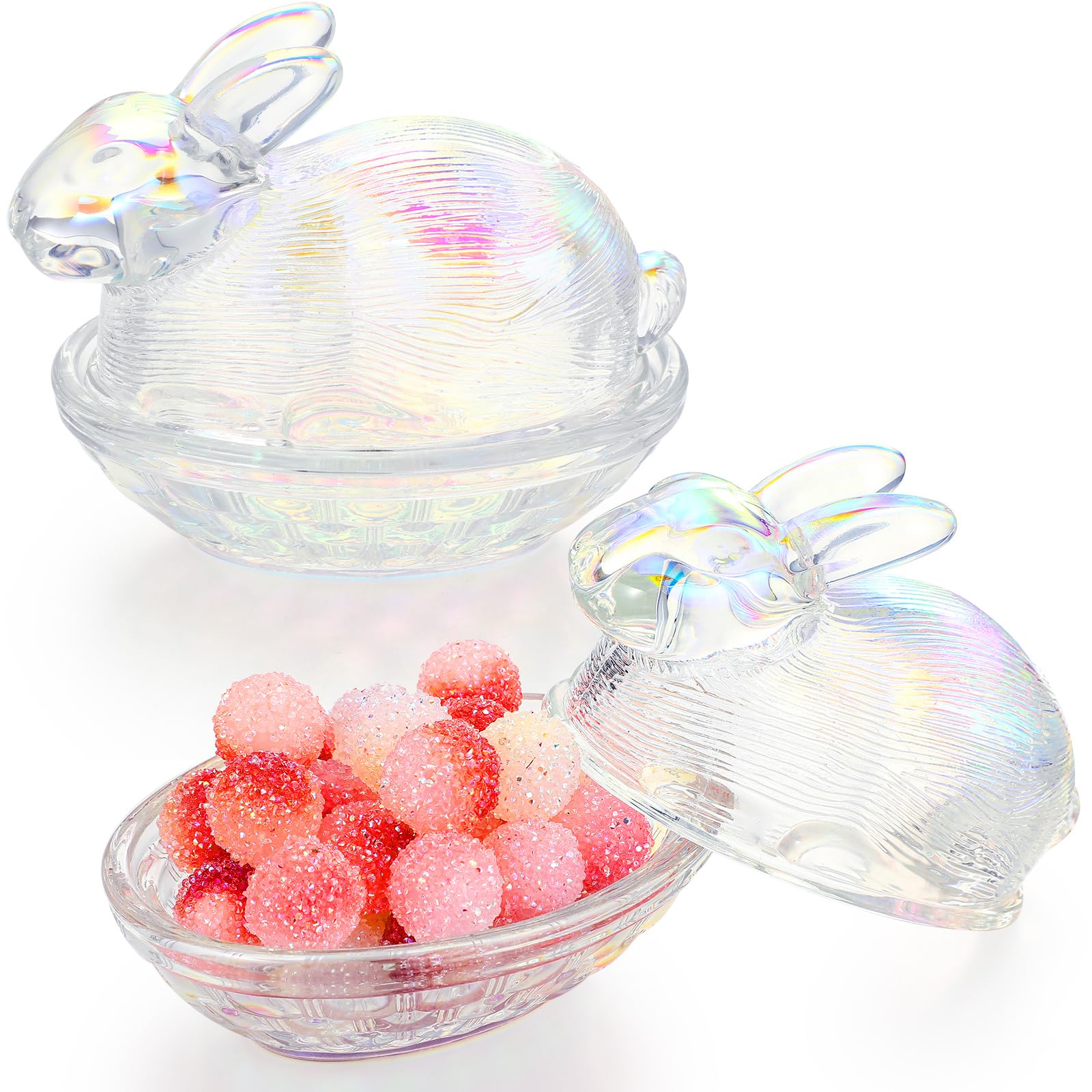 Domensi 2-Piece Easter Glass Candy Dish Set with Lid - Bunny Jar Candy Bowl for Holiday, Office, Home & Kitchen - Perfect for Easter Decor, Party Serving & Gift Giving (Iridescent)