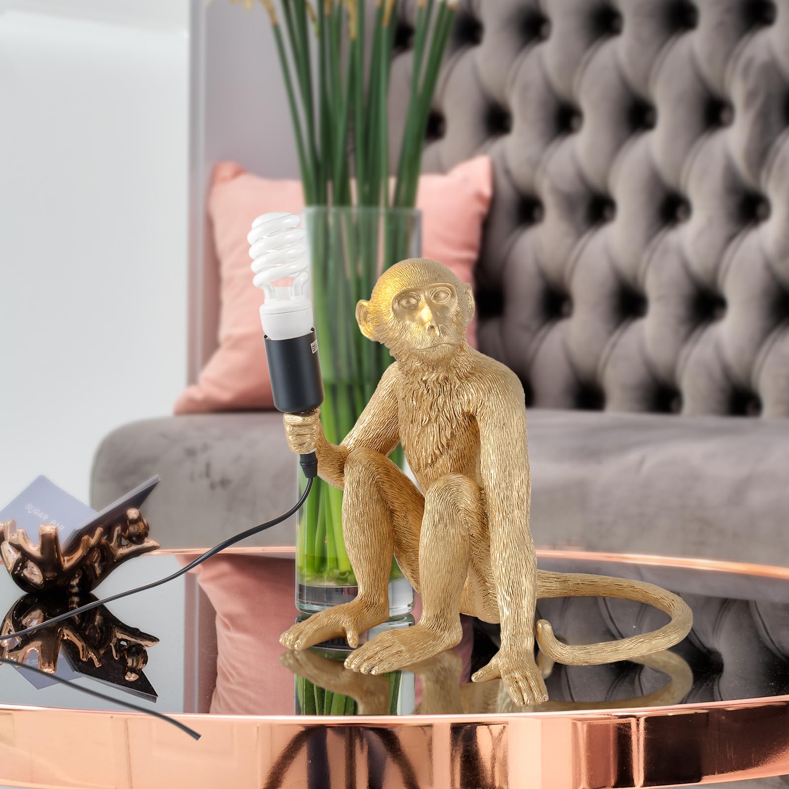 Modern Resin Sitting Monkey Table Lamp - Stylish LED Desk Light for Home & Office Decor, Bedroom, Living Room, Kids Room (Gold) - Perfect for Nightstands, Study Tables & Cozy Reading Corners