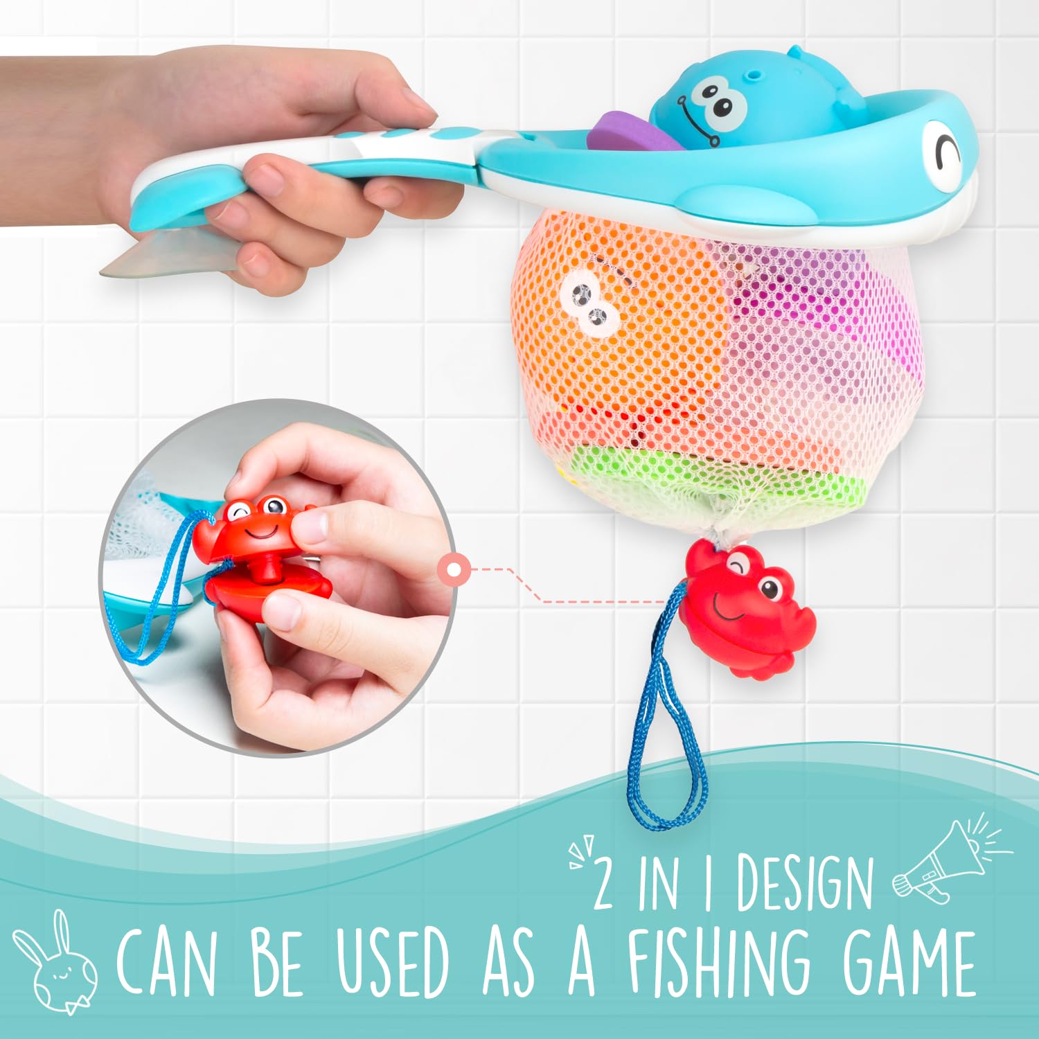 Comfylife Baby Bath Toy Organizer with Foam Numbers, Letters & Squirty Toys - Waterproof Shower Storage Net for Bathtub - Perfect for Toddler Bath Time Fun & Bathroom Organization