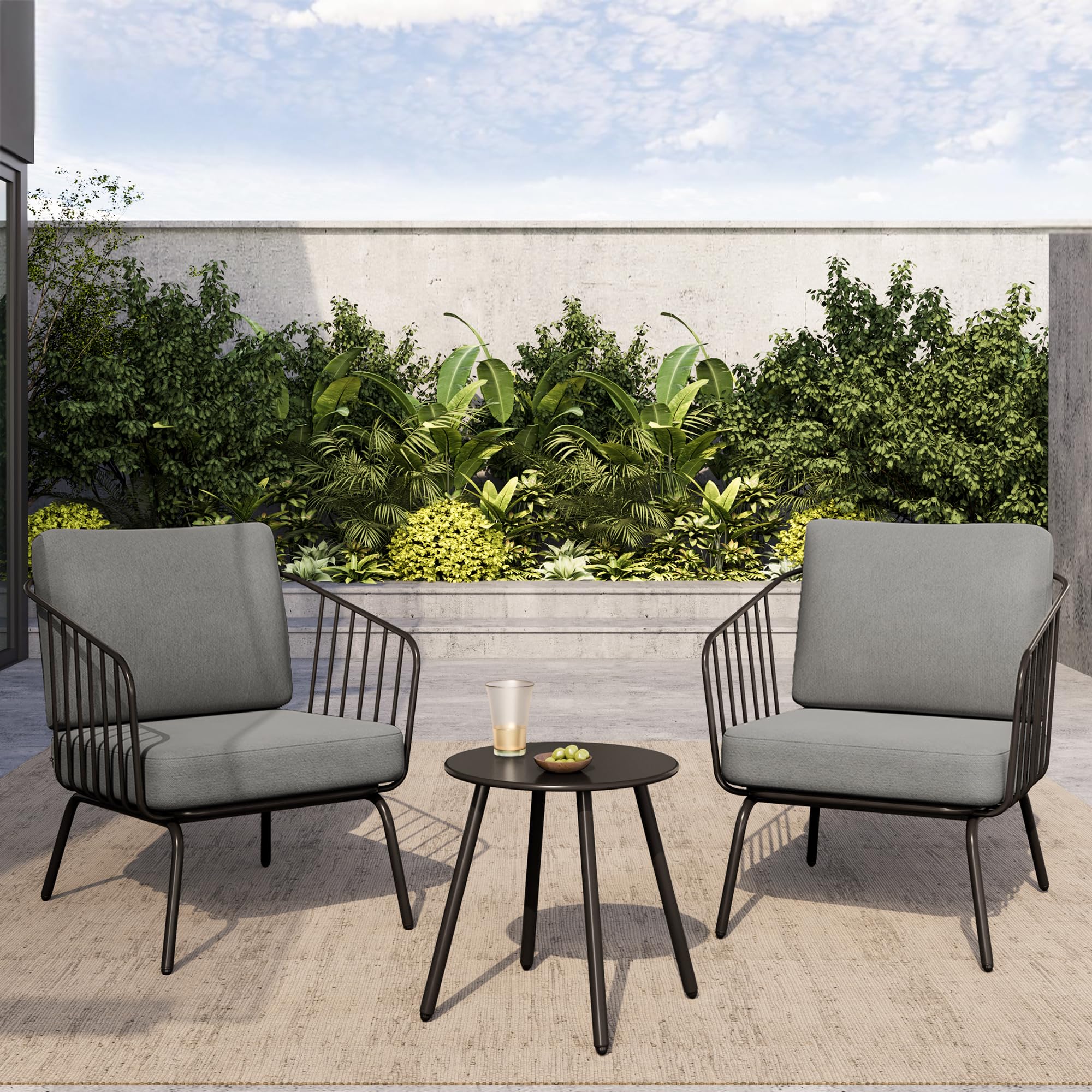 EAST OAK 3-Piece Outdoor Patio Furniture Set with Thick Cushions - Modern Black & Grey Bistro Sofa Set with Coffee Table for Balcony, Garden or Backyard - Perfect for Relaxing, Entertaining and Outdoor Dining