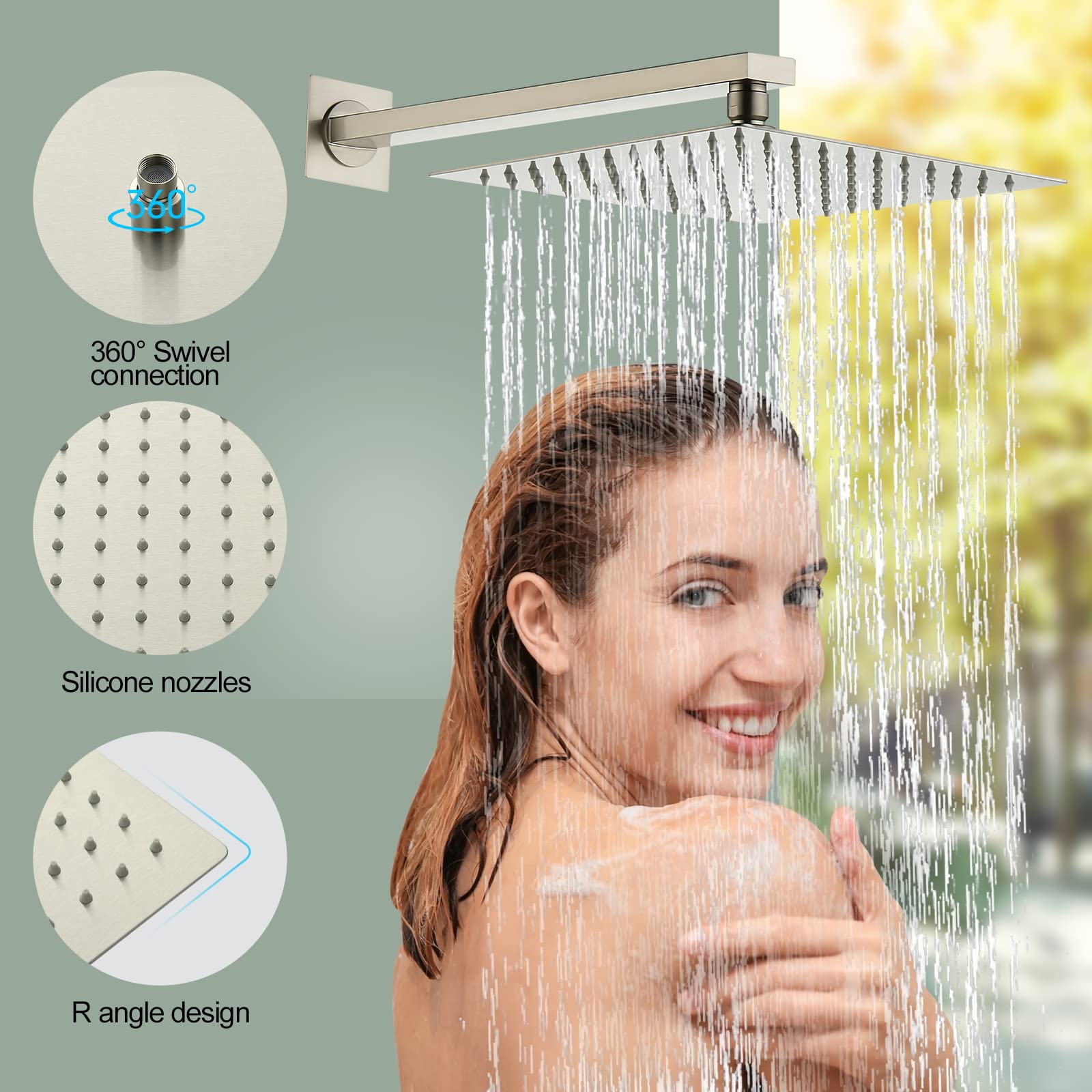 QISHENG 10 Inch Wall Mounted Rainfall Shower System - Brushed Nickel Pressure Balanced Shower Faucet Set with Handheld Sprayer - Perfect for Modern Bathroom Renovation & Spa-Like Shower Experience