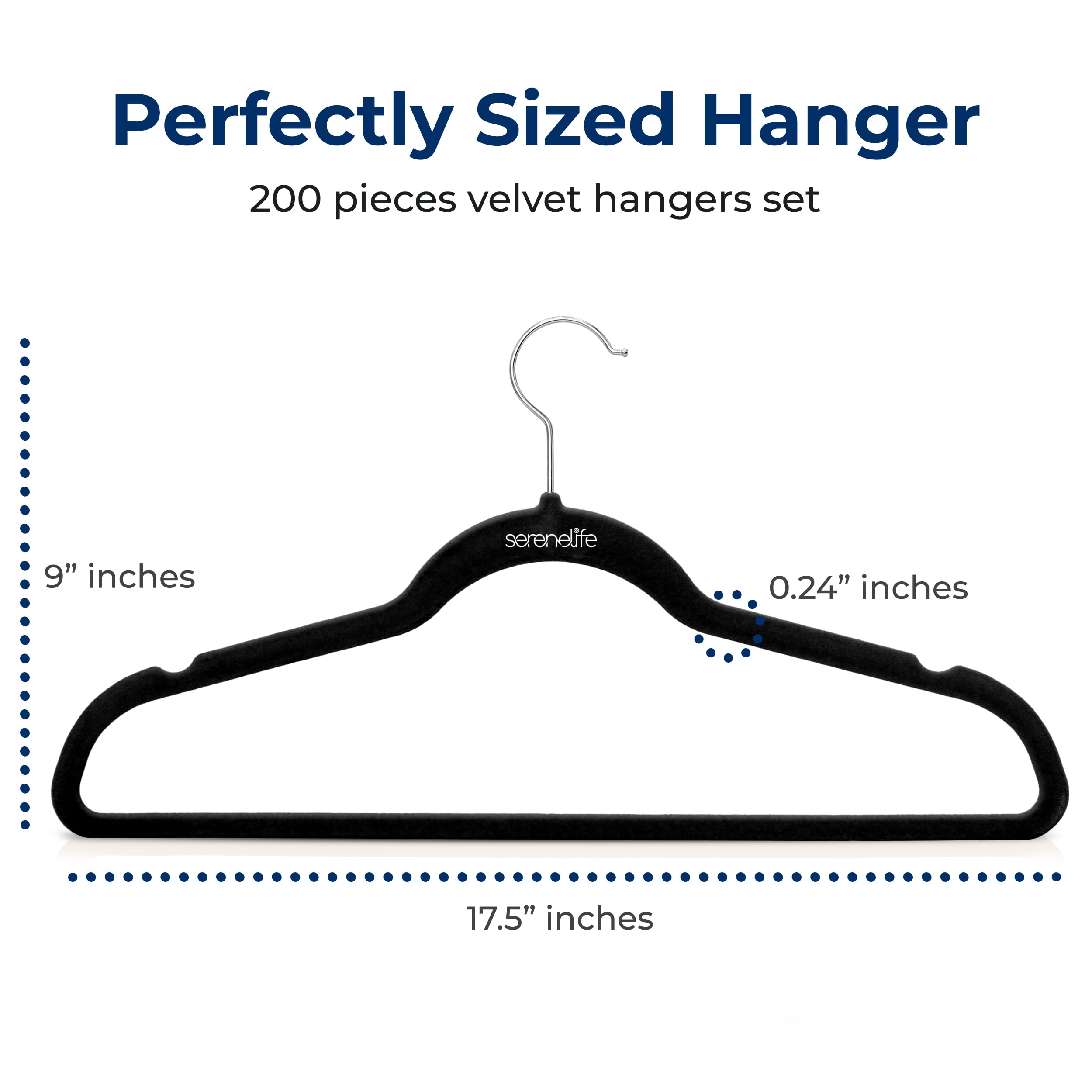SereneLife 200 Pack Velvet Hangers - Non-Slip Felt Clothes Hangers with 360° Swivel Hook, Space-Saving Ultra-Thin Design for Shirts, Sweaters, Hoodies & Dresses - Perfect for Closet Organization, Retail Stores & Kids Wardrobe