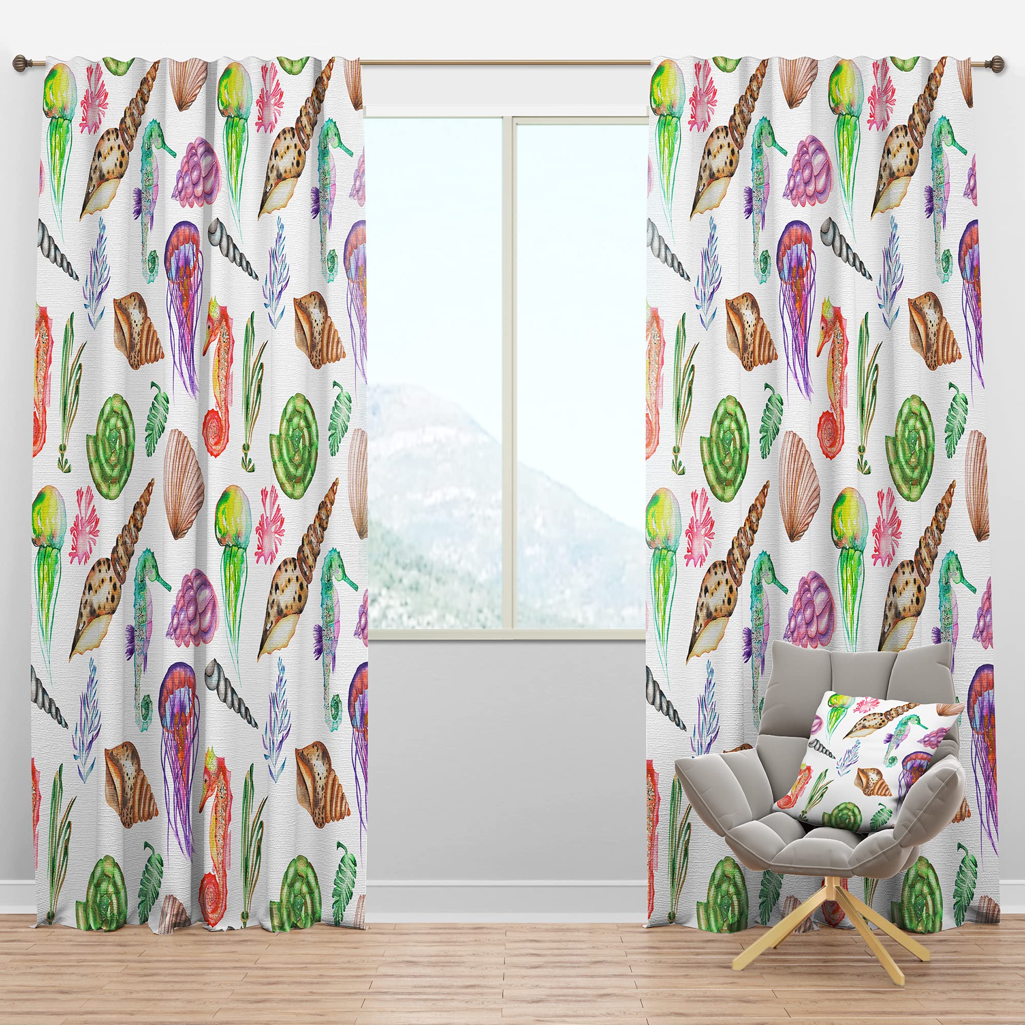 DesignQ Blackout Curtains - Seahorses Jellyfish Shells & Seaweed Print Thermal Insulated Drapes for Bedroom & Living Room (52x84, Single Panel) - Perfect for Ocean Theme Decor, Nursery & Coastal Style Homes