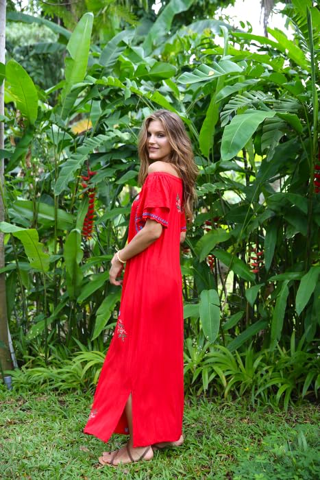 Back From Bali Women's Long Mexican Embroidered Maxi Dress - Off Shoulder Bohemian Summer Peasant Dress for Beach, Vacation & Festival Wear
