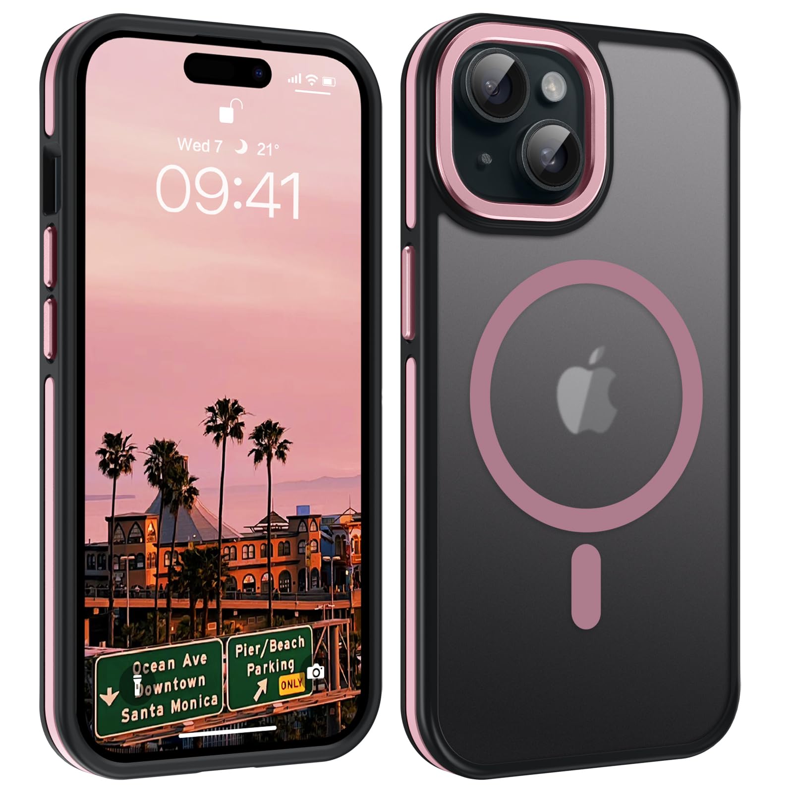 YINLAI Magnetic Slim Translucent Matte Case for iPhone 15 Plus 6.7-Inch | Magsafe Compatible | Shockproof Protective Cover for Men & Women | Black/Pink | Perfect for Everyday Use & Travel Protection