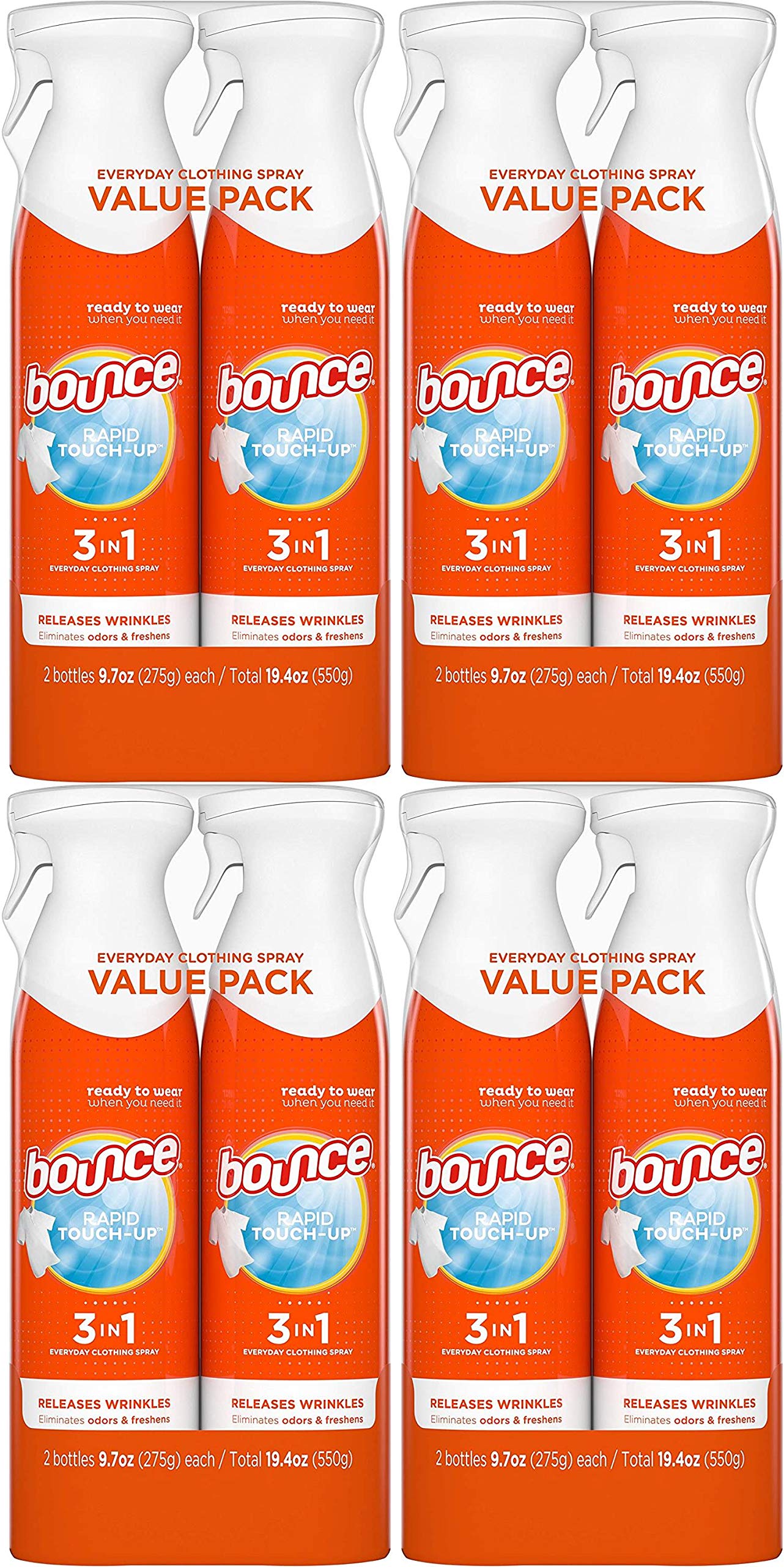 Bounce Rapid Touch-Up 3-in-1 Wrinkle Release Spray - Fabric Refresher, Odor Eliminator & Anti-Static Spray (38.8 oz, Pack of 2) - Perfect for Travel, Office & Home Use on Clothes, Curtains & Upholstery