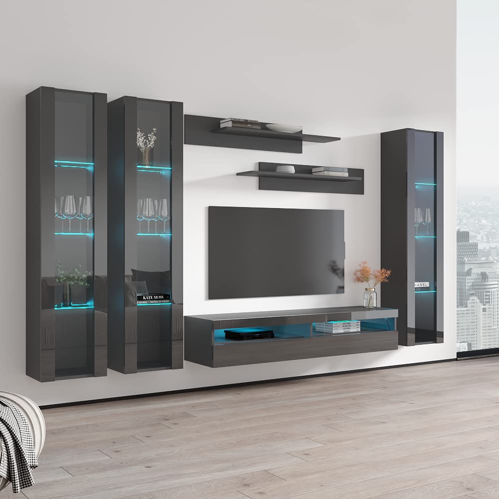 Modern Wall-Mounted TV Stand with Storage & LED Lights - 35