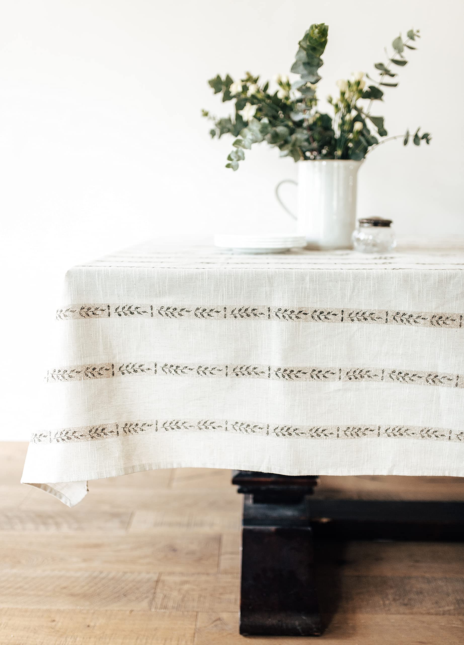 Premium 60 x 120 Inch White Linen Tablecloth - Natural Rectangular Table Cover for Indoor & Outdoor Dining - Perfect for Weddings, Banquets, Parties, Picnics & Camping - Elegant Walnut Leaf Design - Durable & Washable Fabric for Everyday Use