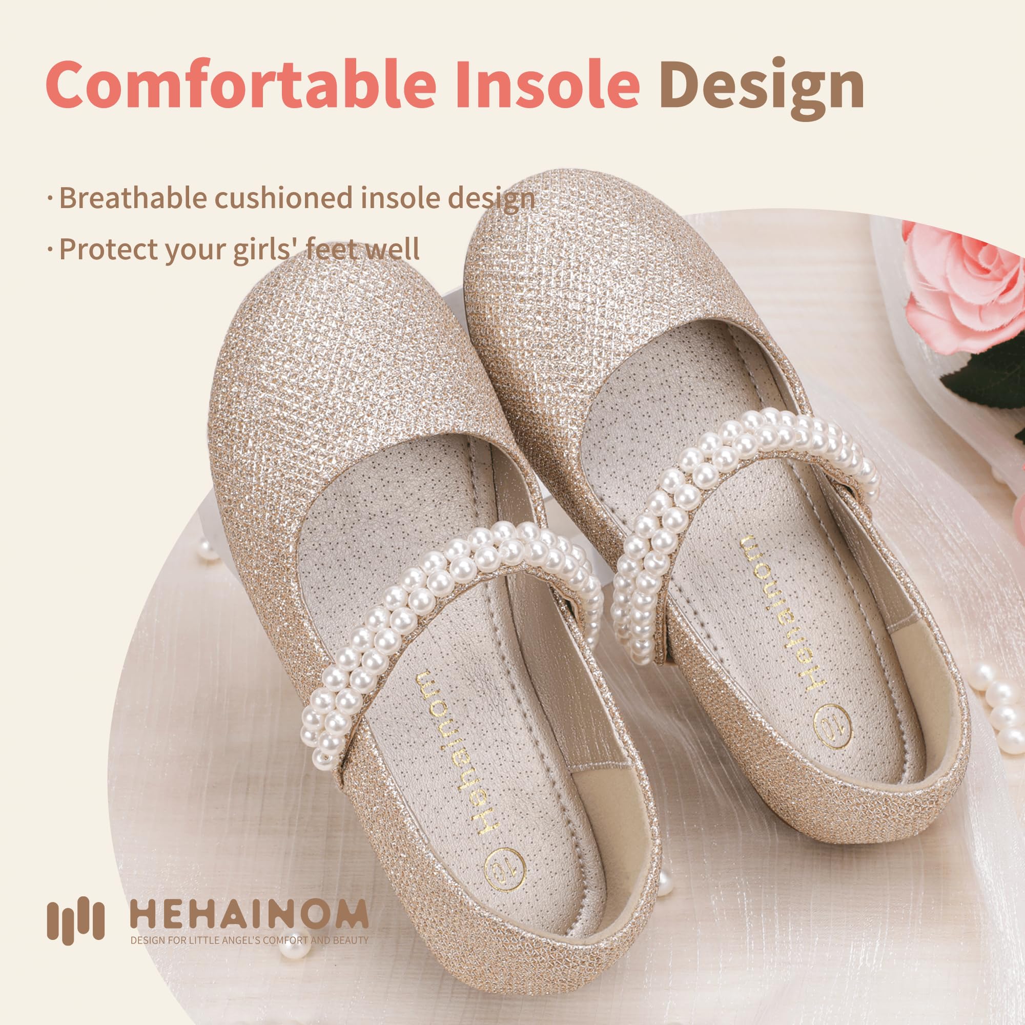 Hehainom Toddler Flower Girls Dress Shoes - Mary Jane Princess Ballet Flats with Bow & Pearls for Party, School, Wedding, Pageant | Comfortable & Stylish Toddler Shoes for Special Occasions