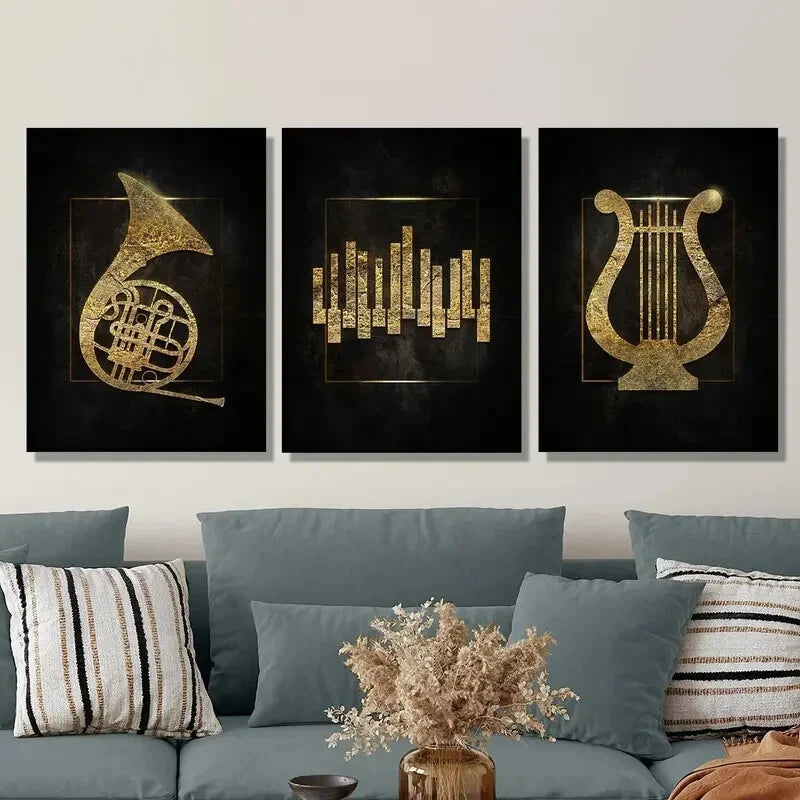 3-Piece Golden Musical Instrument Metal Wall Art - Ready to Hang Decor for Living Room, Bedroom & Office | Vintage Music Theme Home Decor