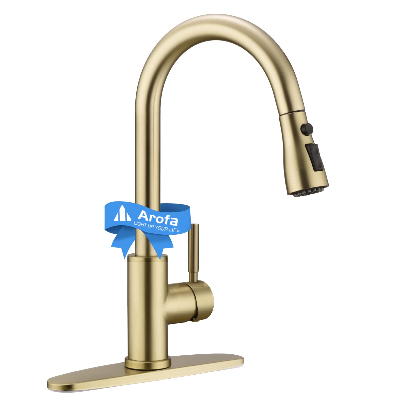 Arofa Brushed Gold Kitchen Faucet with Pull Down Sprayer - Stainless Steel Single Handle Brass Faucet for Sink - Champagne Bronze Finish with Deck Plate - Perfect for RV, Farmhouse, Bar & Laundry Sinks - Ideal for Modern Kitchens & Home Renovations