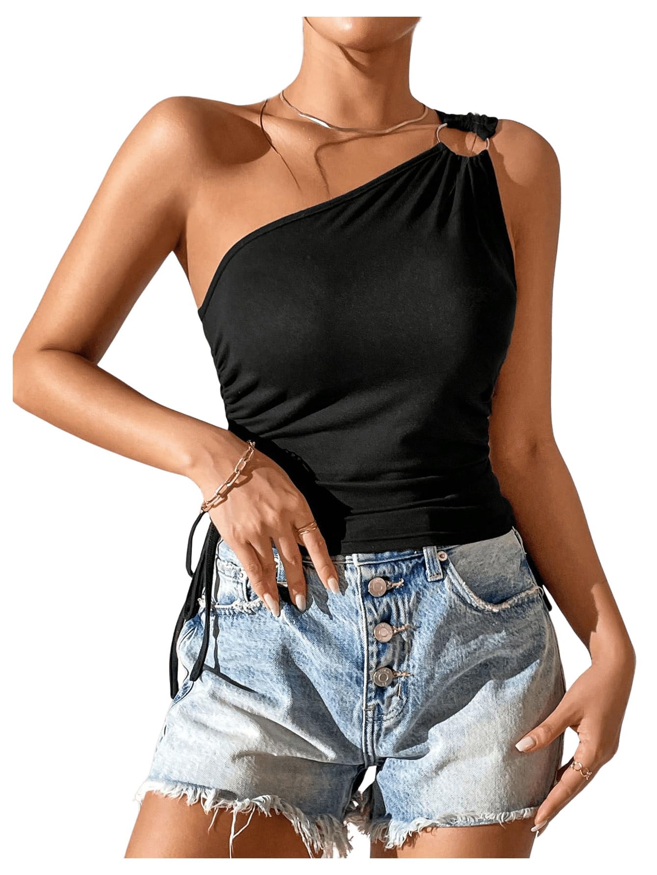 SHENHE Women's Sexy One Shoulder Ring Linked Ruched Drawstring Side Sleeveless Crop Top for Summer Beach Party, Night Out, Clubwear and Casual Outfits