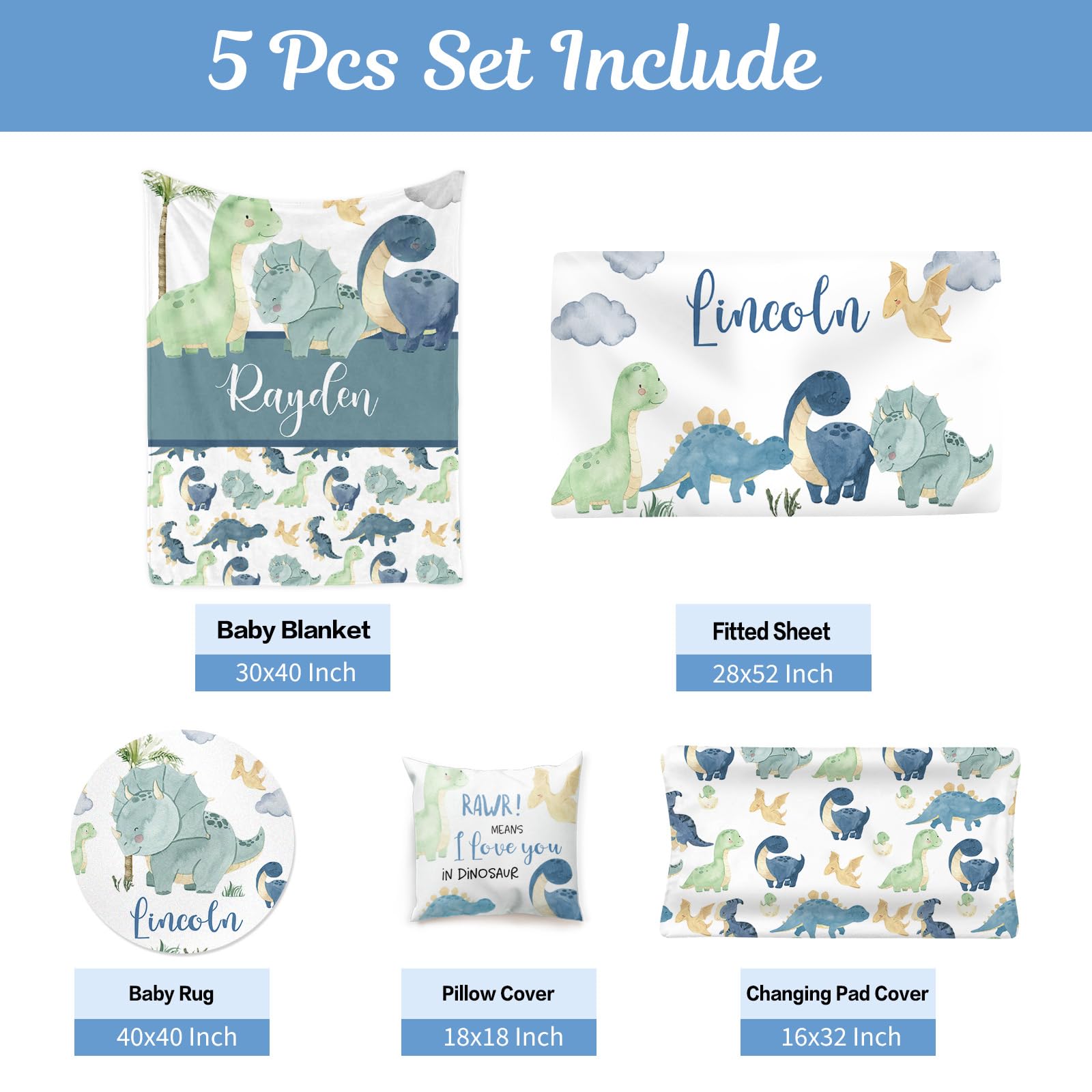 Personalized 5-Piece Baby Crib Bedding Set with Custom Name - Dinosaur World Theme for Boys & Girls | Soft Nursery Bedding for Infants & Toddlers | Perfect Baby Shower Gift & Nursery Decor