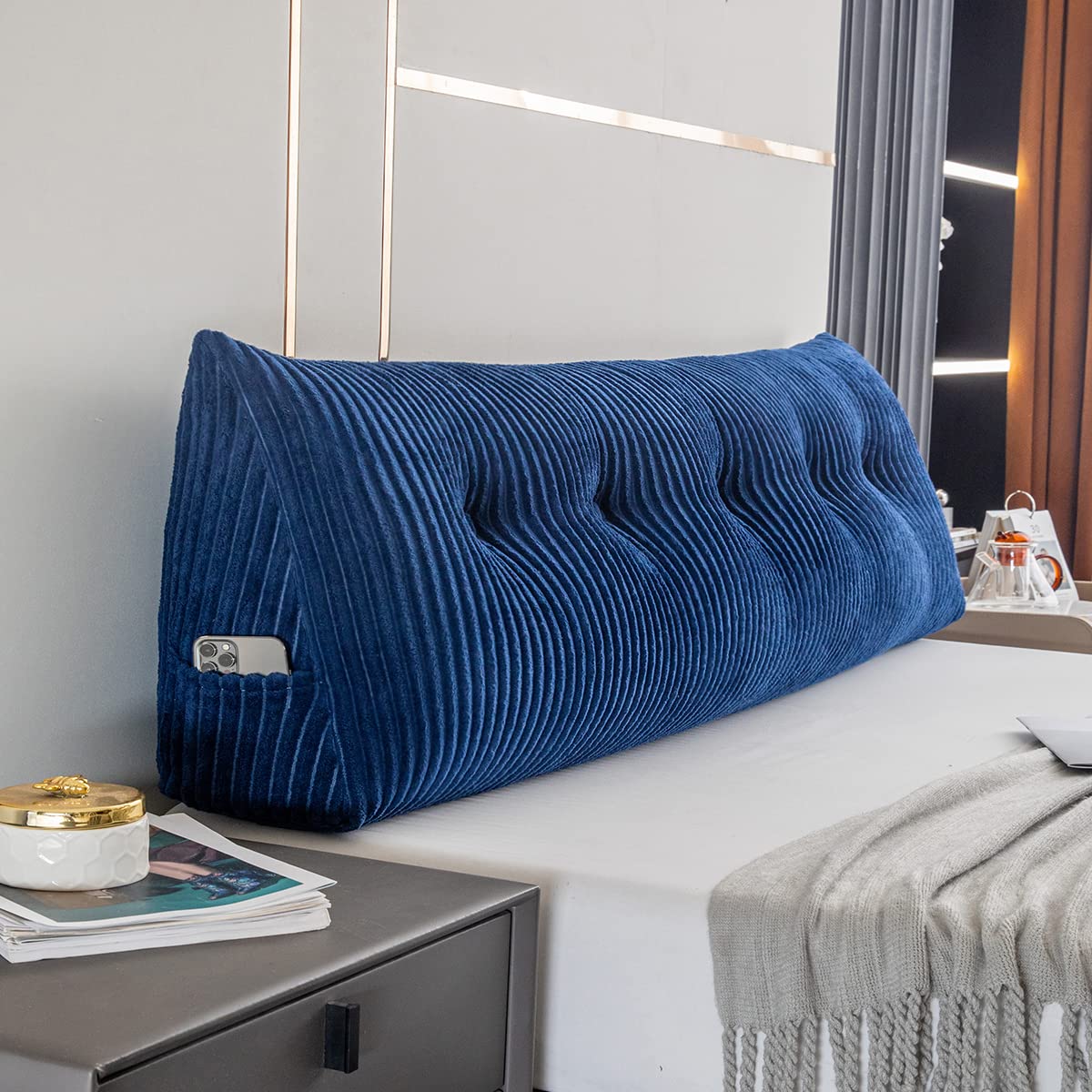 Large Triangular Headboard Wedge Pillow - Queen Size (59x8x20 Inches) with Removable Cover - Bed Rest & Reading Support Cushion for Back Pain Relief & Comfort - Perfect for Reading in Bed, Watching TV, or Post-Surgery Recovery (Blue)