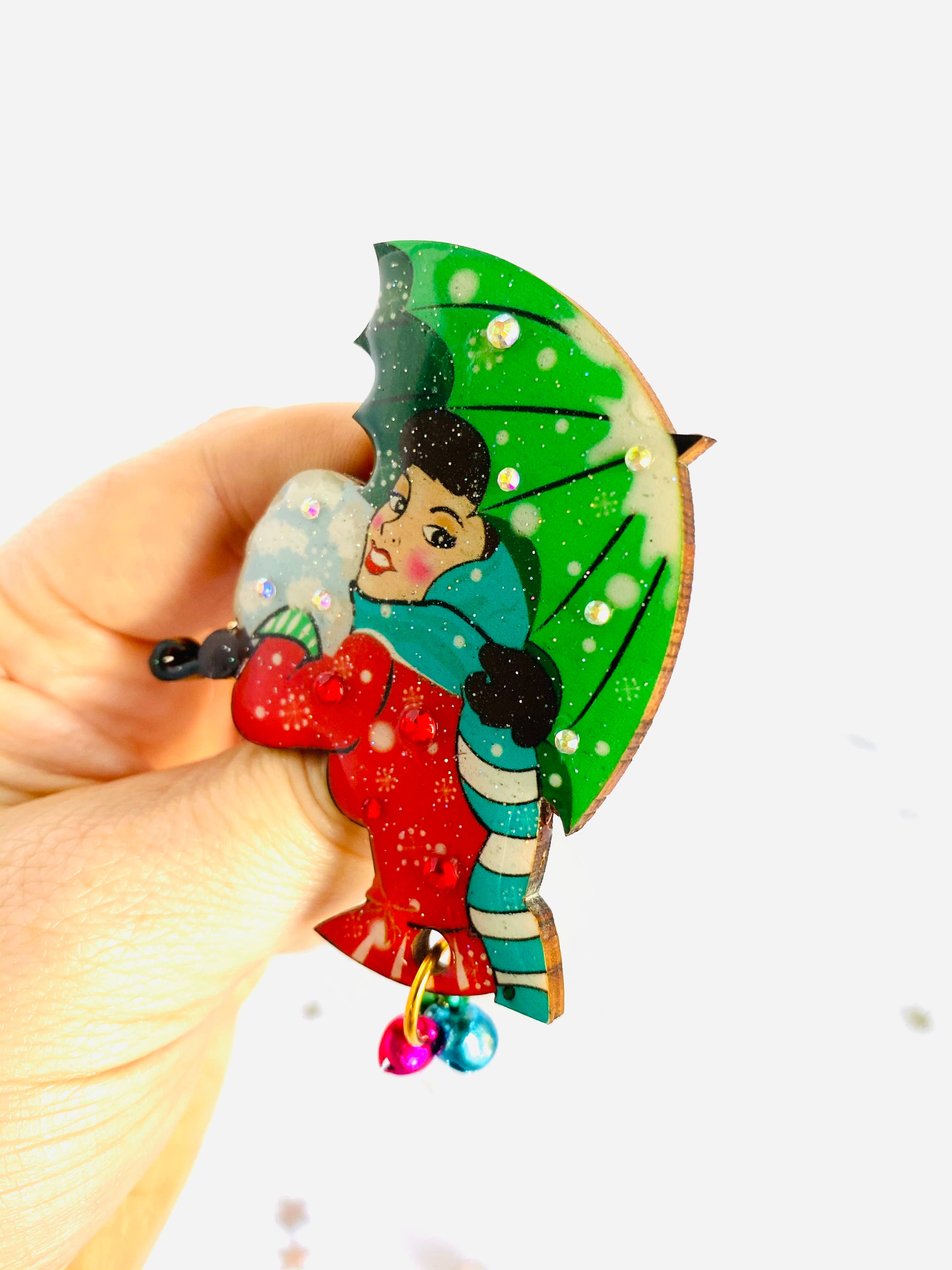 Christmas Umbrella Brooch by Rosie Rose Parker - Festive Holiday Jewelry for Women, Elegant Pin for Winter Coats, Scarves & Christmas Sweaters