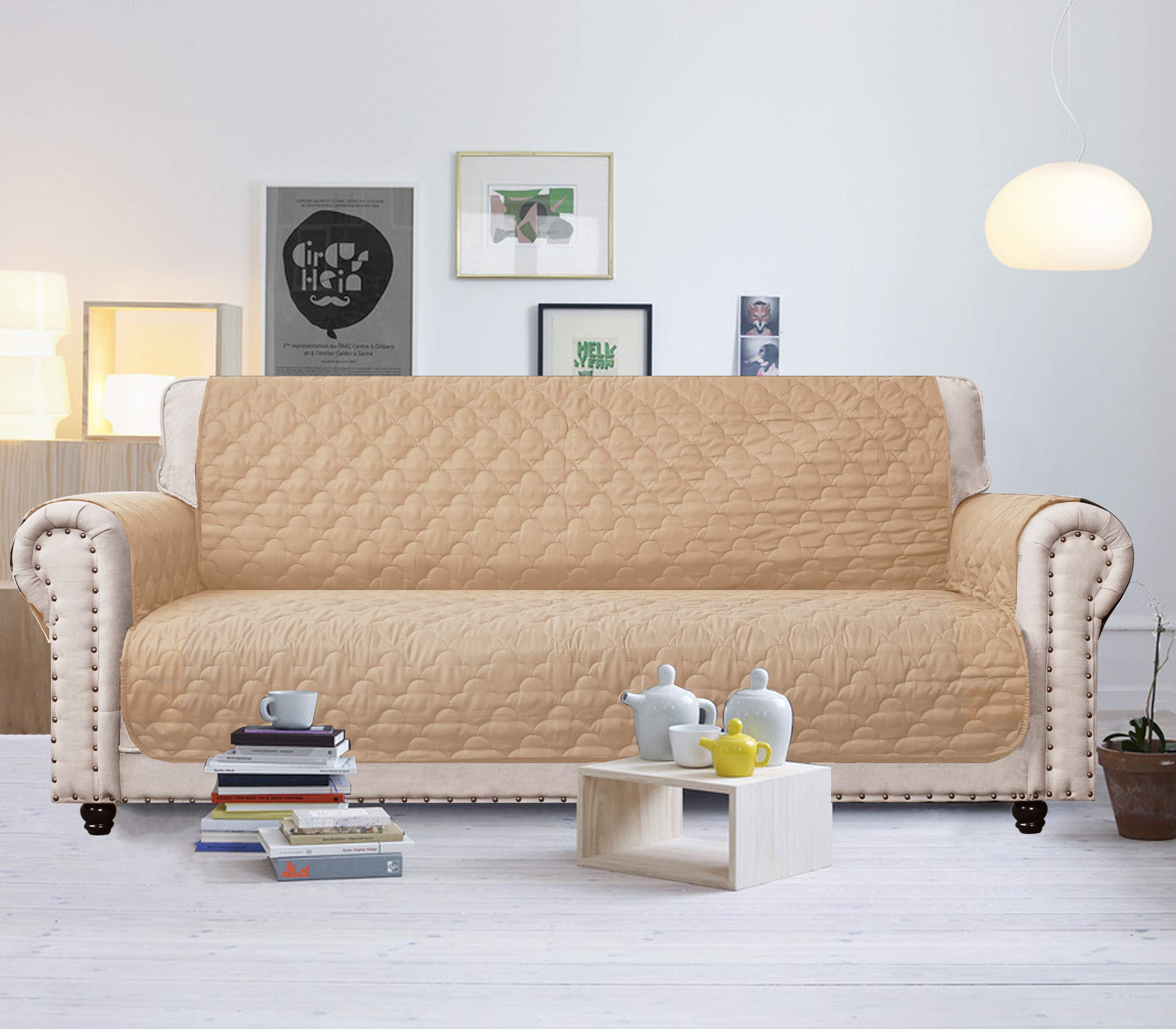 CHHKON Non-Slip Waterproof Quilted Sofa Cover for Dogs - 100% Furniture Protector for Leather Couches & Pets (68'', Sand) - Perfect for Pet Owners & Home Decor Protection