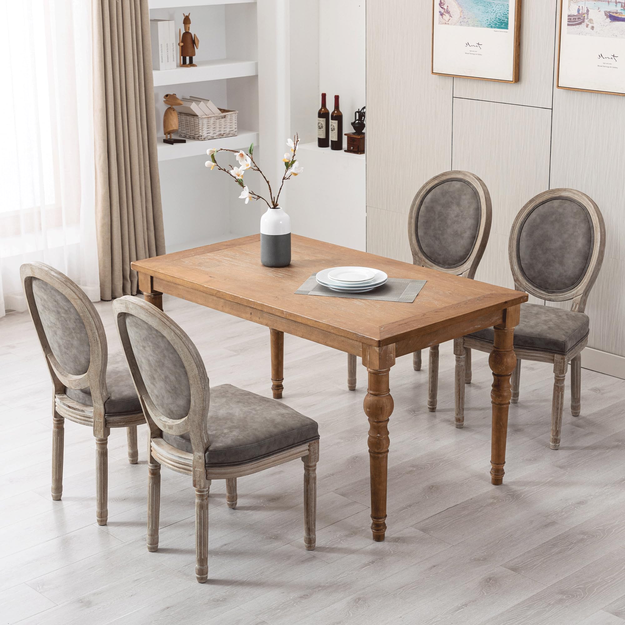 Farmhouse Leather Dining Chairs Set of 4 - French Country Round Back Bistro Chairs with Wooden Legs for Dining Room, Kitchen, Living Room & Restaurant Decor | Perfect for Rustic Home, Cafe and Wedding Venue Settings (Grey)