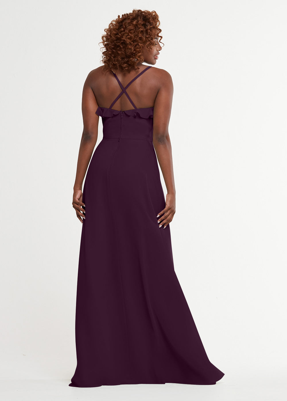 Elegant 80174 Chiffon A-Line Bridesmaid Dress with Ruffles & High Slit - Perfect for Weddings, Formal Events & Special Occasions
