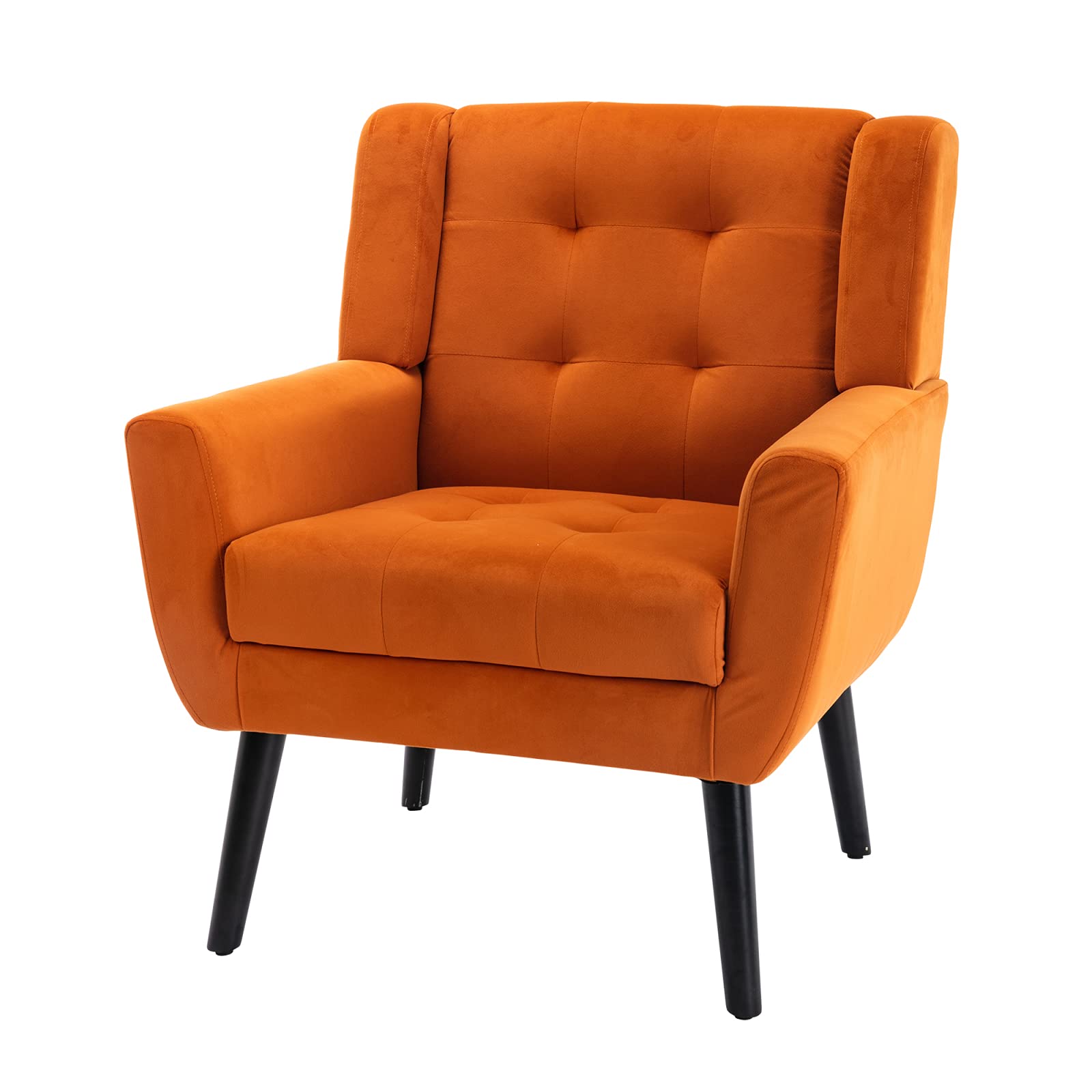 Modern Velvet Accent Chair - Upholstered Reading Armchair with Tufted Button Back & Black Legs, Ergonomic Wingback Side Chair for Living Room, Bedroom or Home Office - Perfect for Relaxing, Reading & Decor (Orange)