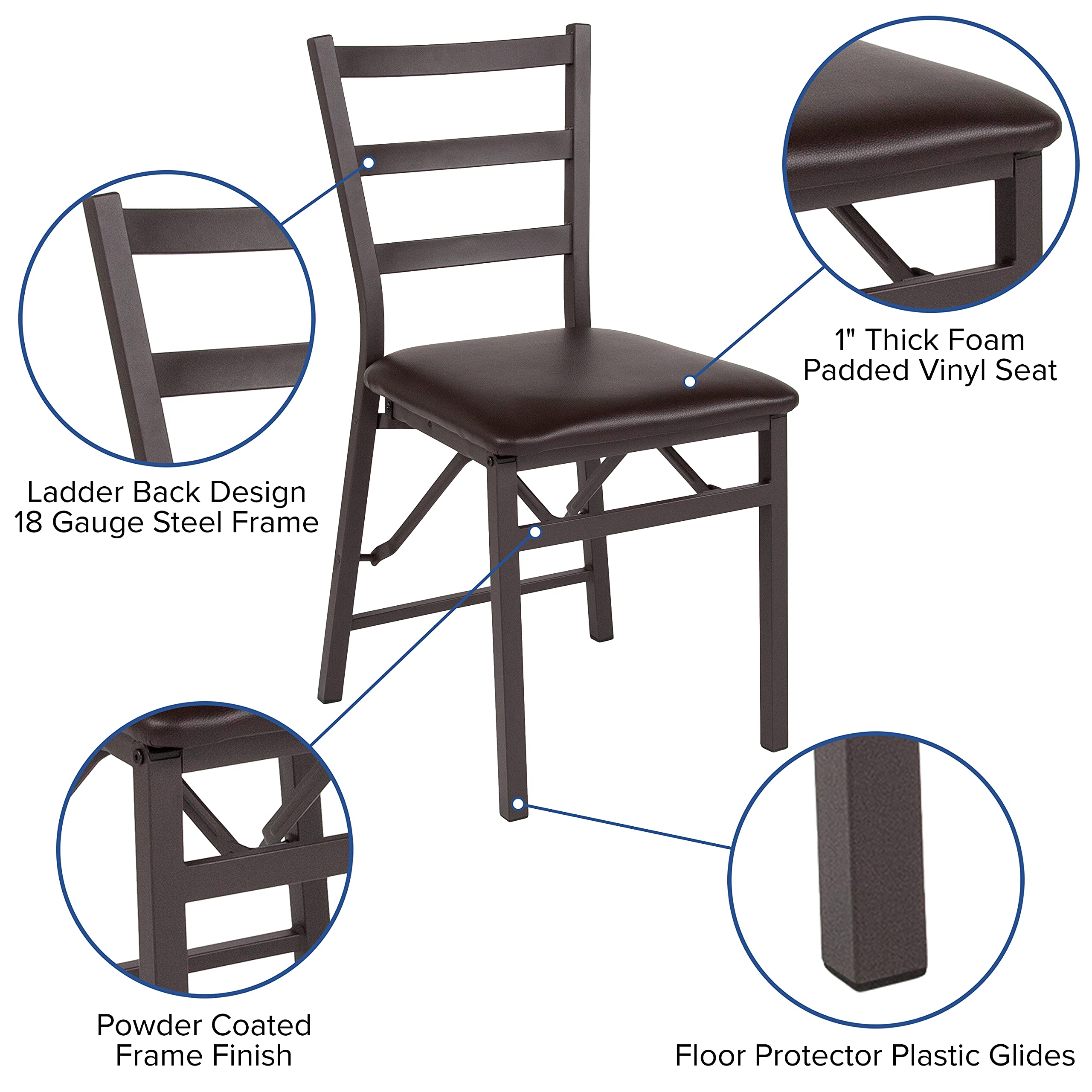 EMMA + OLIVER 2 Pack Metal Folding Chairs with Brown Vinyl Seat - Sturdy Ladder Back Design for Indoor/Outdoor Events, Parties, and Dining
