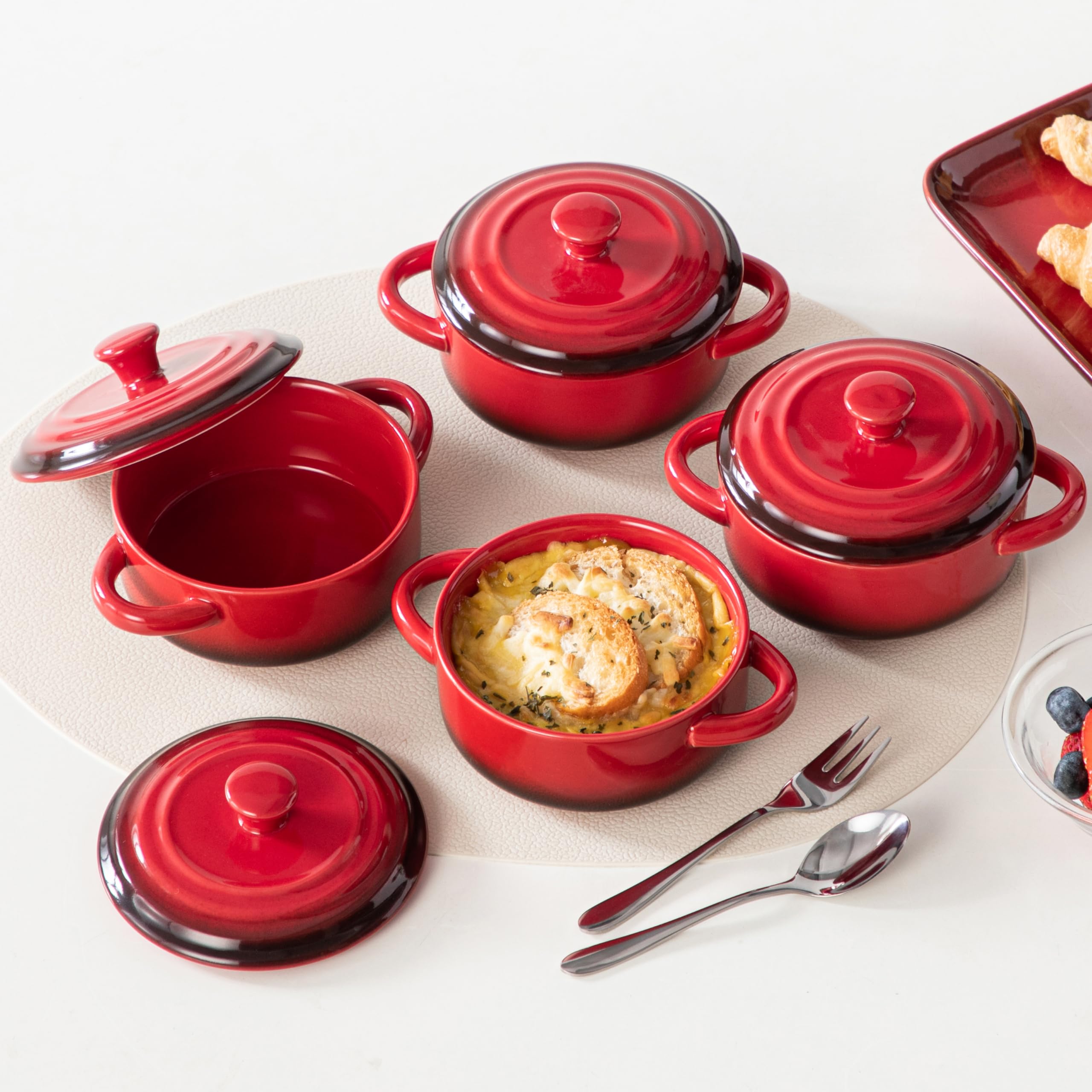 LOVECASA Mini Cocotte Set - 12 oz Small Casserole Dishes with Lids, Oven Safe Soup Bowls with Handles, Individual Baking Ramekins for Microwave & Dishwasher (Set of 4, Red) - Perfect for French Onion Soup, Desserts & Side Dishes
