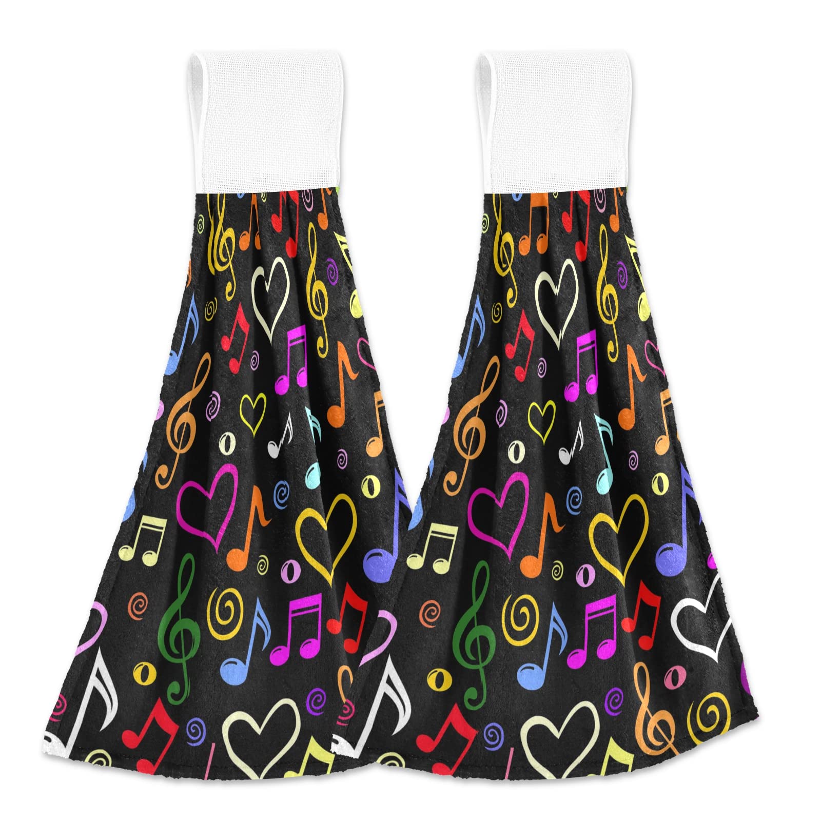 Colorful Musical Notes 2-Pack Hanging Kitchen Hand Towels & Bath Towels - Soft, Fast Drying, Hook & Loop for Home, Kitchen, Bathroom - Perfect for Cooking, Cleaning & Decor