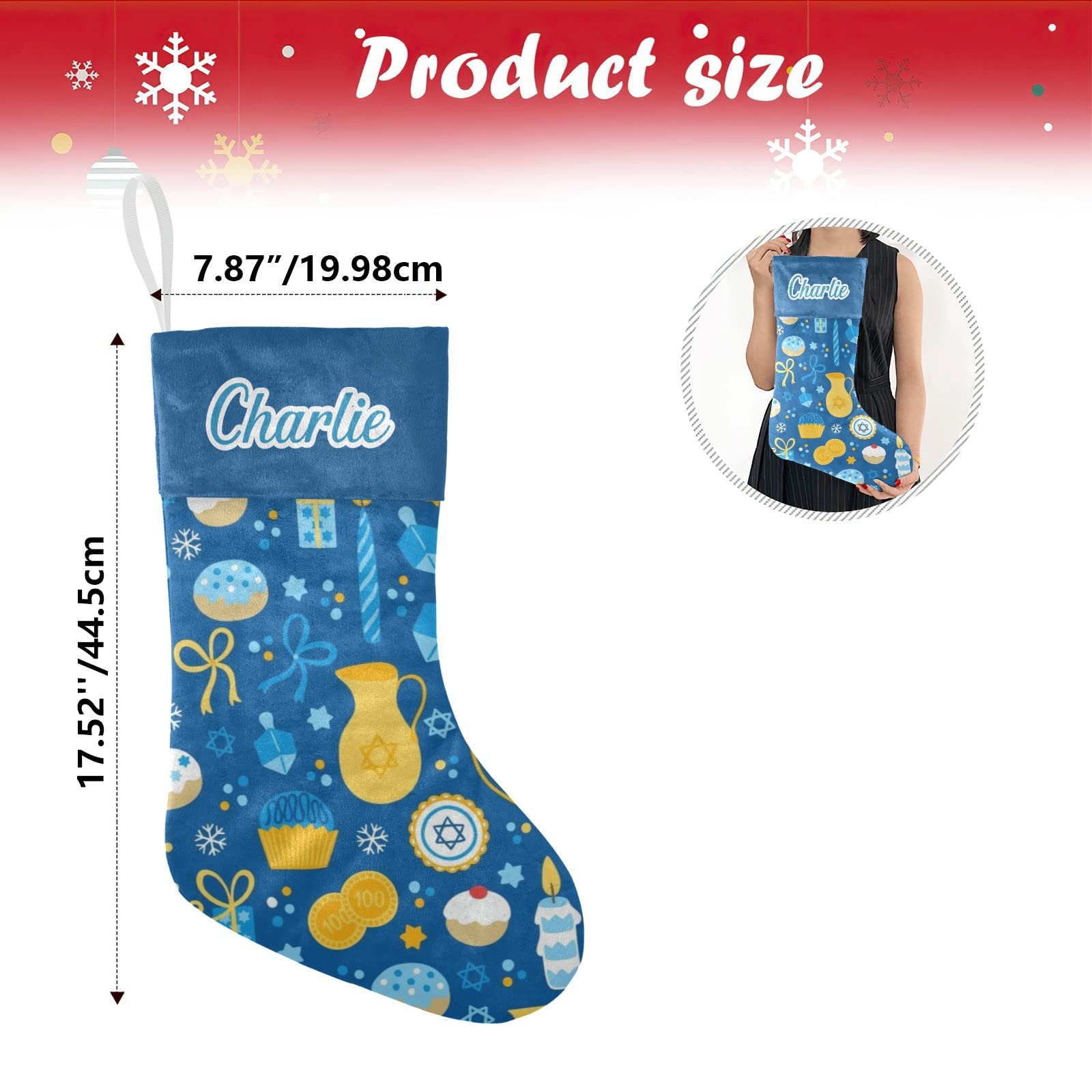 Personalized Hanukkah Christmas Stockings with Custom Name - 17.52 x 7.87 Inch Festive Holiday Decor for Fireplace Mantel, Gift Exchange & Family Traditions