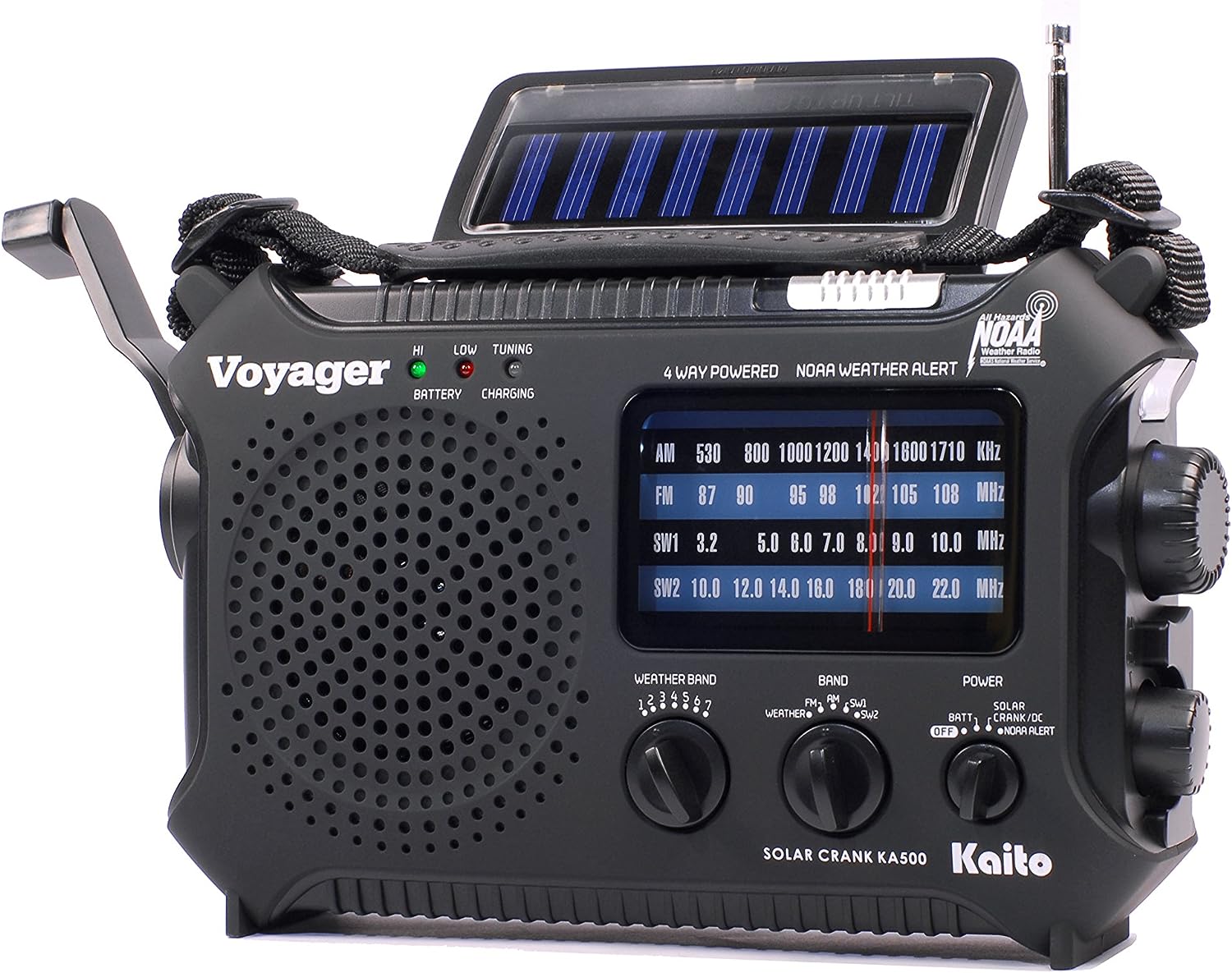 Kaito KA500 Emergency Radio - 5-Way Powered AM/FM/SW NOAA Weather Alert Radio with Solar Panel, Hand Crank, Flashlight & Reading Lamp (Black) - Perfect for Camping, Hiking, and Emergency Preparedness