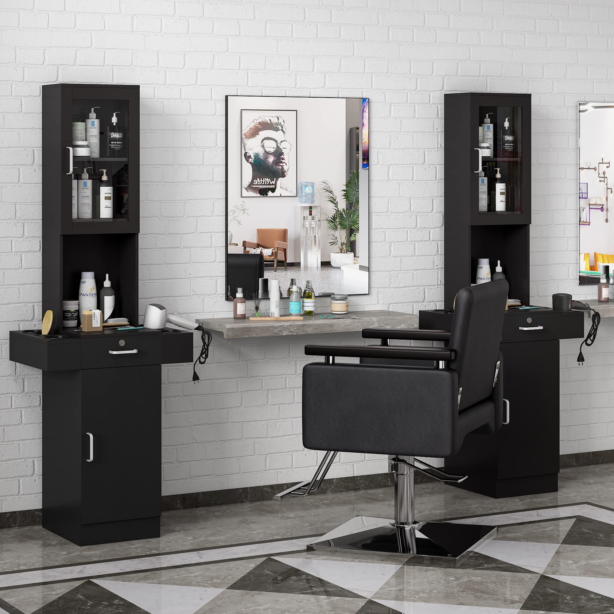 Professional Salon Station for Hair Stylists - Hair Styling Organizer with Glass Door, 6 Tool Dryer Holders & 2 Storage Cabinets - Black Beauty Spa Barber Equipment for Salon, Home & Professional Use