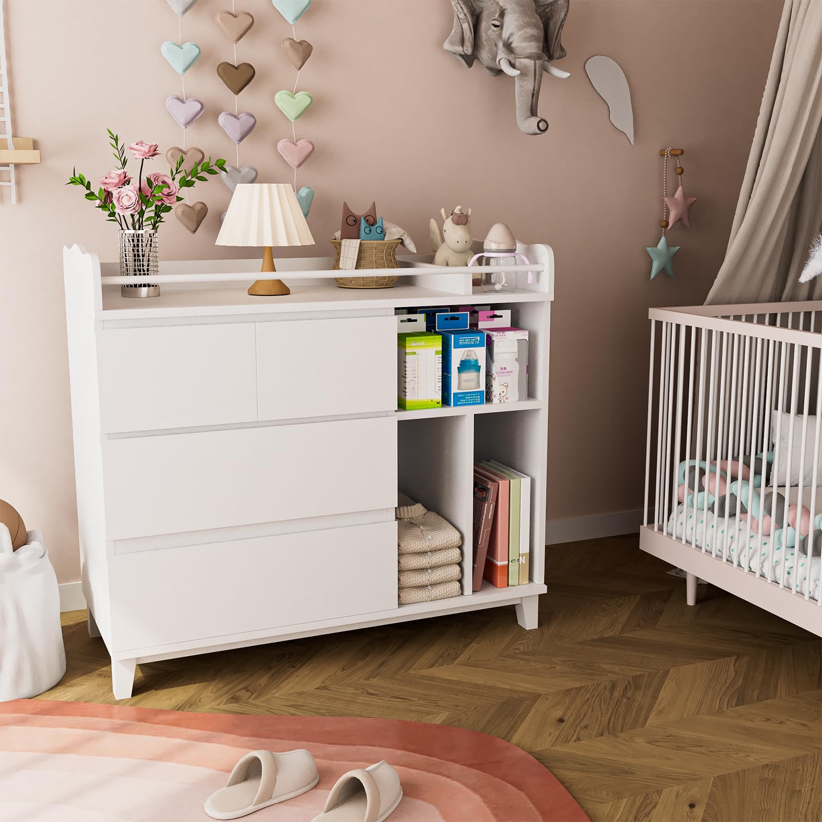 White Baby Dresser with Changing Table Top - 4 Drawers & 3 Shelves Nursery Dresser for Newborns | Tall Dresser for Bedroom, Nursery & Entryway | Perfect for Diaper Changes & Baby Storage Organization