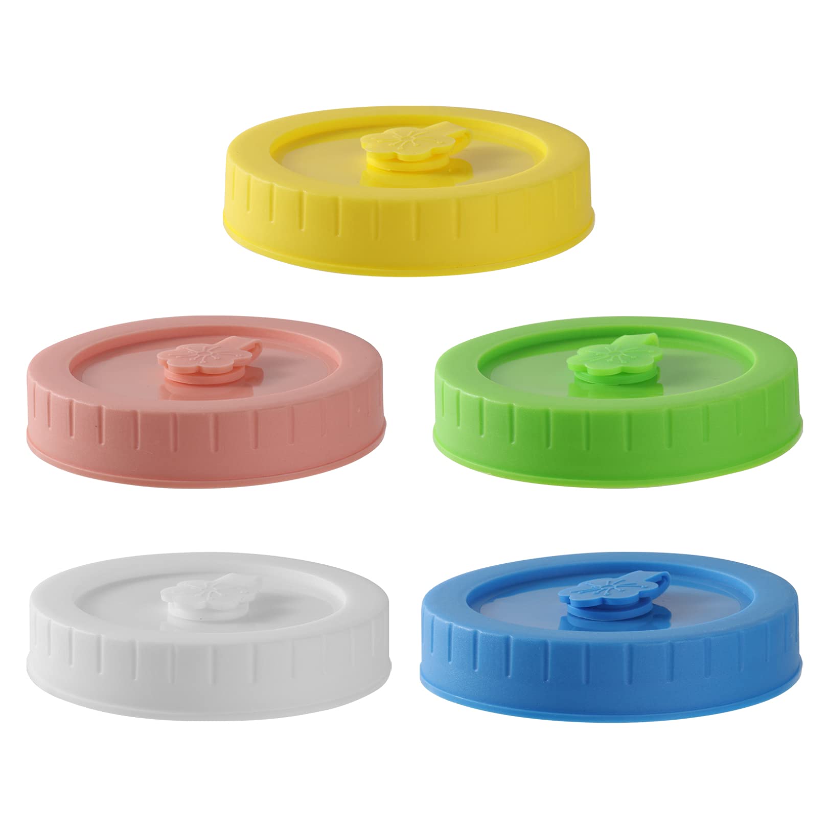 JEATHA 5-Pack Colorful 86mm Wide Mouth Mason Jar Lids with Straw Hole Plug - Plastic Canning Lid Replacements for Drinking Jars, Food Storage Containers | Perfect for Smoothies, Iced Coffee & Meal Prep Organization