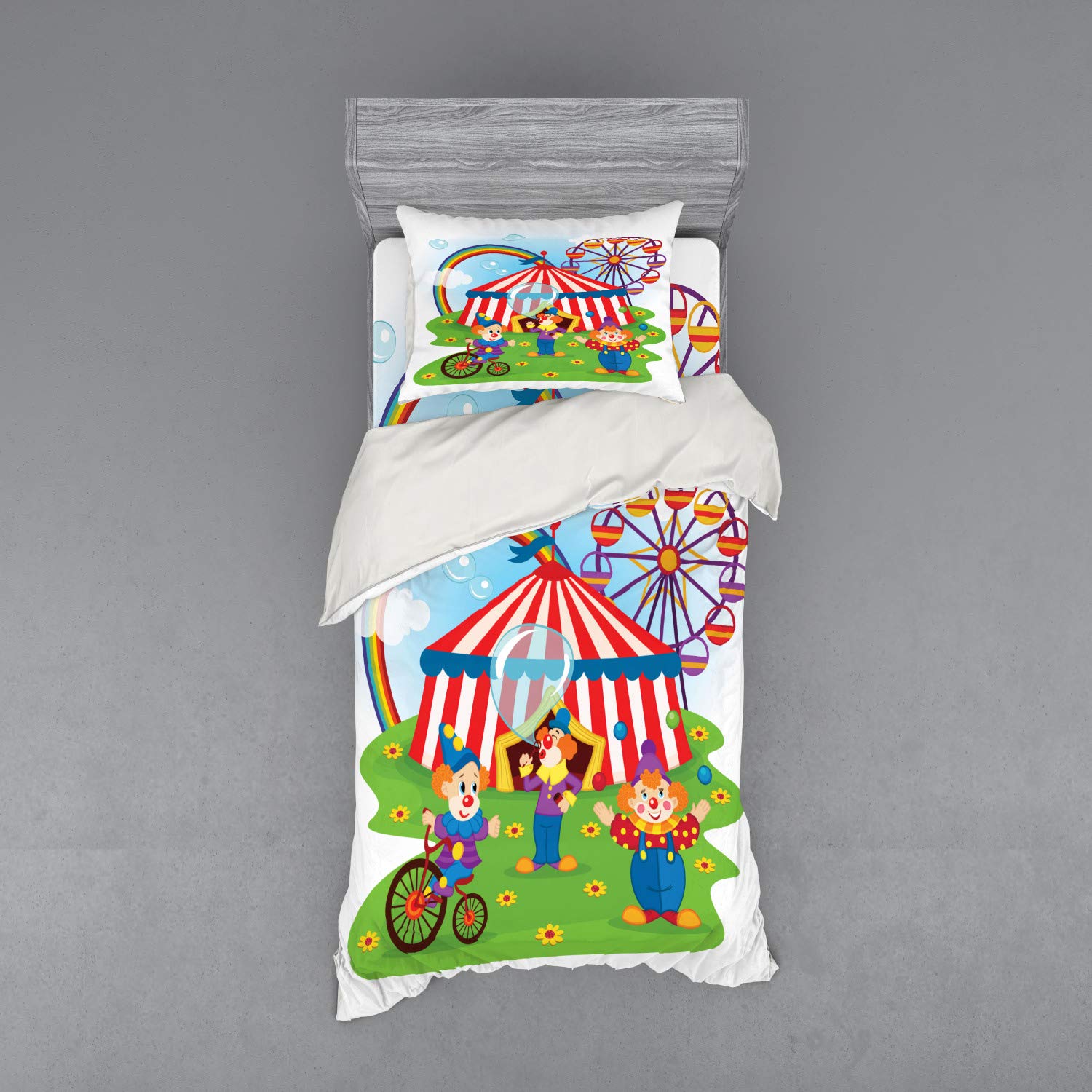 Ambesonne Circus Bedding Set - 3 Piece Duvet Cover with Sham & Fitted Sheet, Twin XL Size, Colorful Clowns, Ferris Wheel & Happy Bubbles Design for Kids Room Decor | Perfect for Themed Bedrooms, Birthday Gifts & Childhood Nostalgia