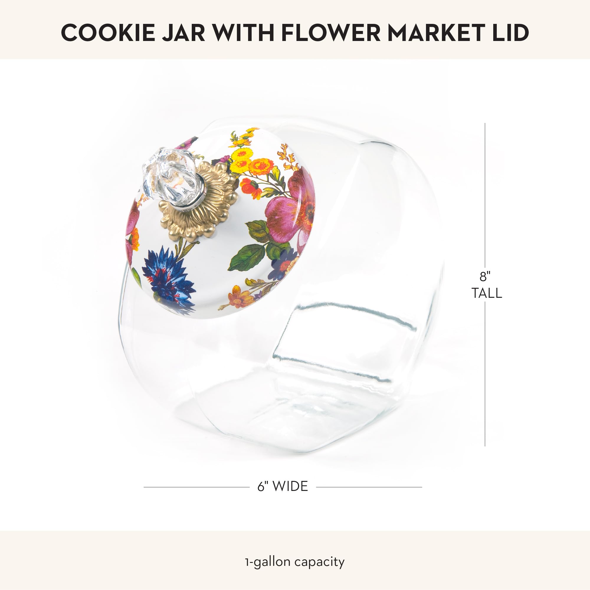 MACKENZIE-CHILDS 1-Gallon White Flower Market Glass Cookie Jar with Enamel Lid - Large Kitchen Storage Container for Cookies, Treats & Baking Supplies | Perfect for Farmhouse Kitchens, Pantry Organization & Gift Giving