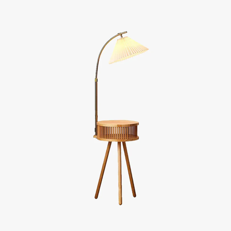Modern Wooden Arched Floor Lamp with Side Table - Adjustable Standing Light for Living Room, Bedroom & Office - Warm Ambient Lighting for Reading & Relaxation