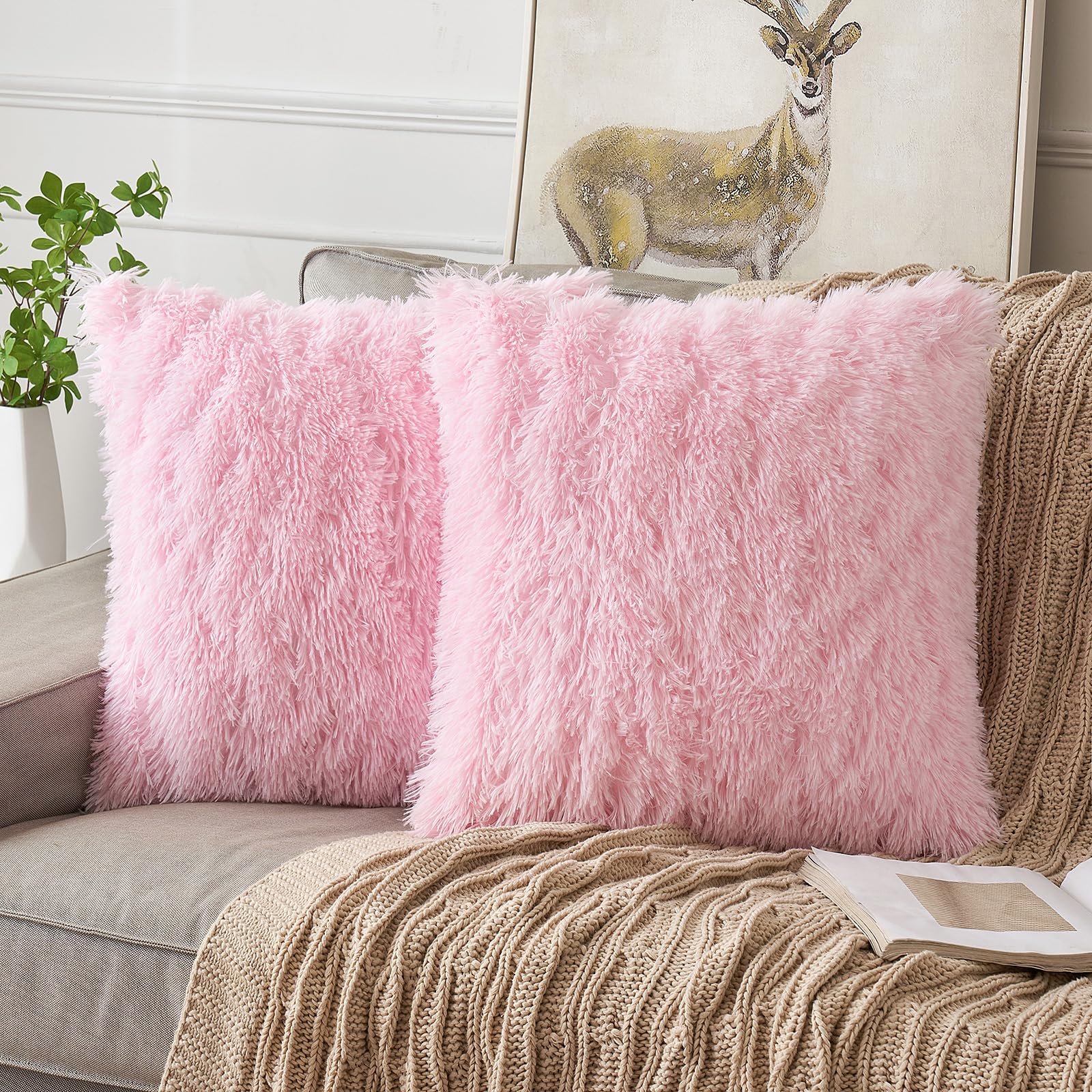 ANRODUO 2 Pack Fluffy Faux Fur Throw Pillow Covers 18x18 Inch - Soft Plush Baby Pink Decorative Cushions for Sofa, Bed & Living Room - Luxury Mongolian Merino Style Home Decor for Spring & Cozy Comfort