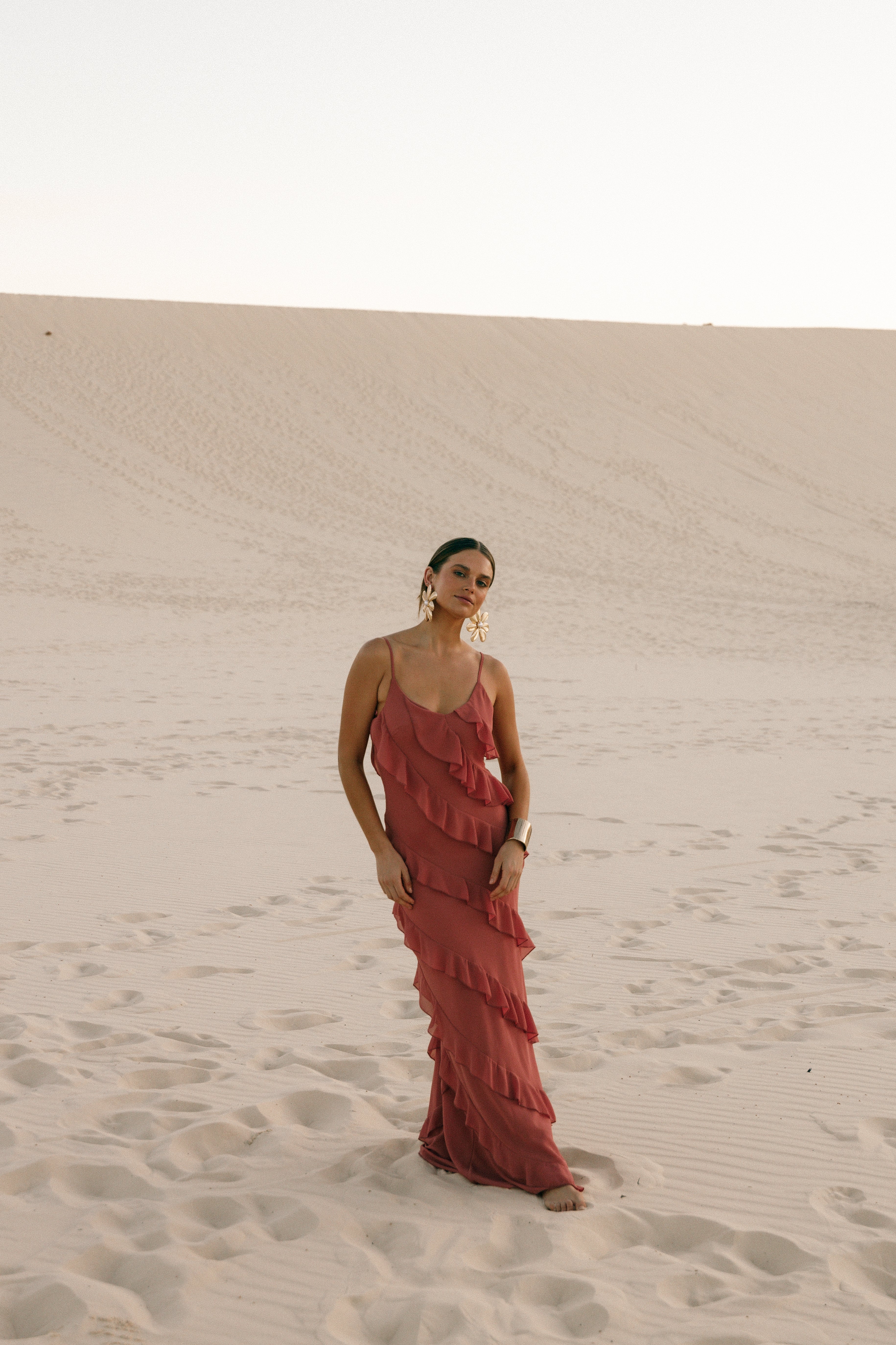 Ciao Ruffles Maxi Dress for Women - Elegant Rosewood Floral Print Summer Dress for Beach, Vacation & Party Wear