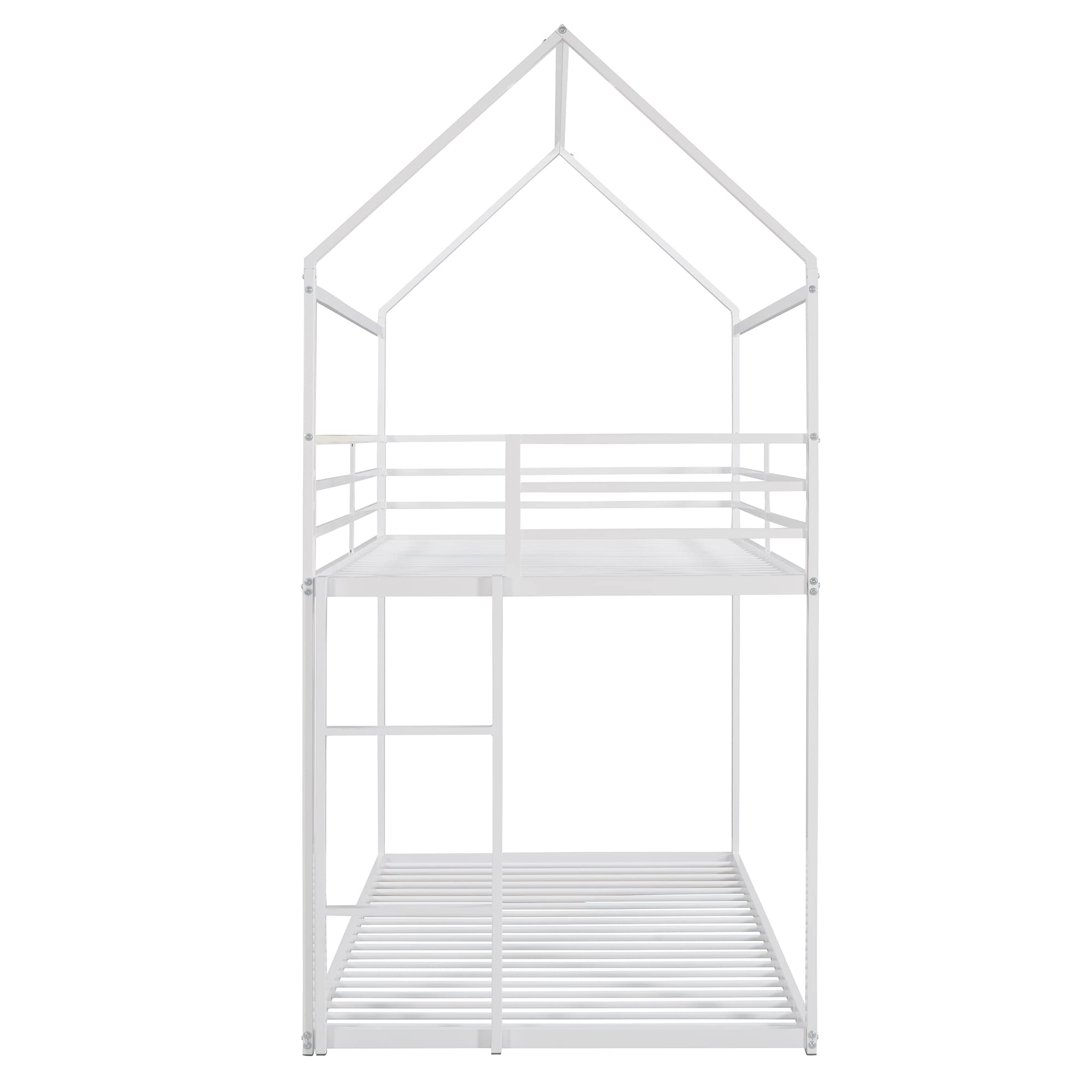 Harper & Bright Designs Twin Over Twin Metal Bunk Bed with Roof - Sturdy Full Length Guardrail & Built-in Ladder - No Box Spring Needed - White - Perfect for Kids' Bedroom, Dormitory or Space-Saving Home Furniture
