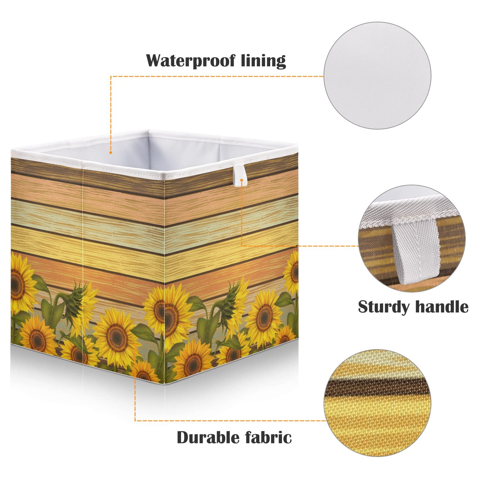 Foldable Collapsible Storage Baskets with Sunflower Leaves Print - 11x11 Inch Fabric Cube Organizer for Shelves, Pantry, Bathroom & Nursery | Space-Saving Toy & Baby Clothes Storage Solution